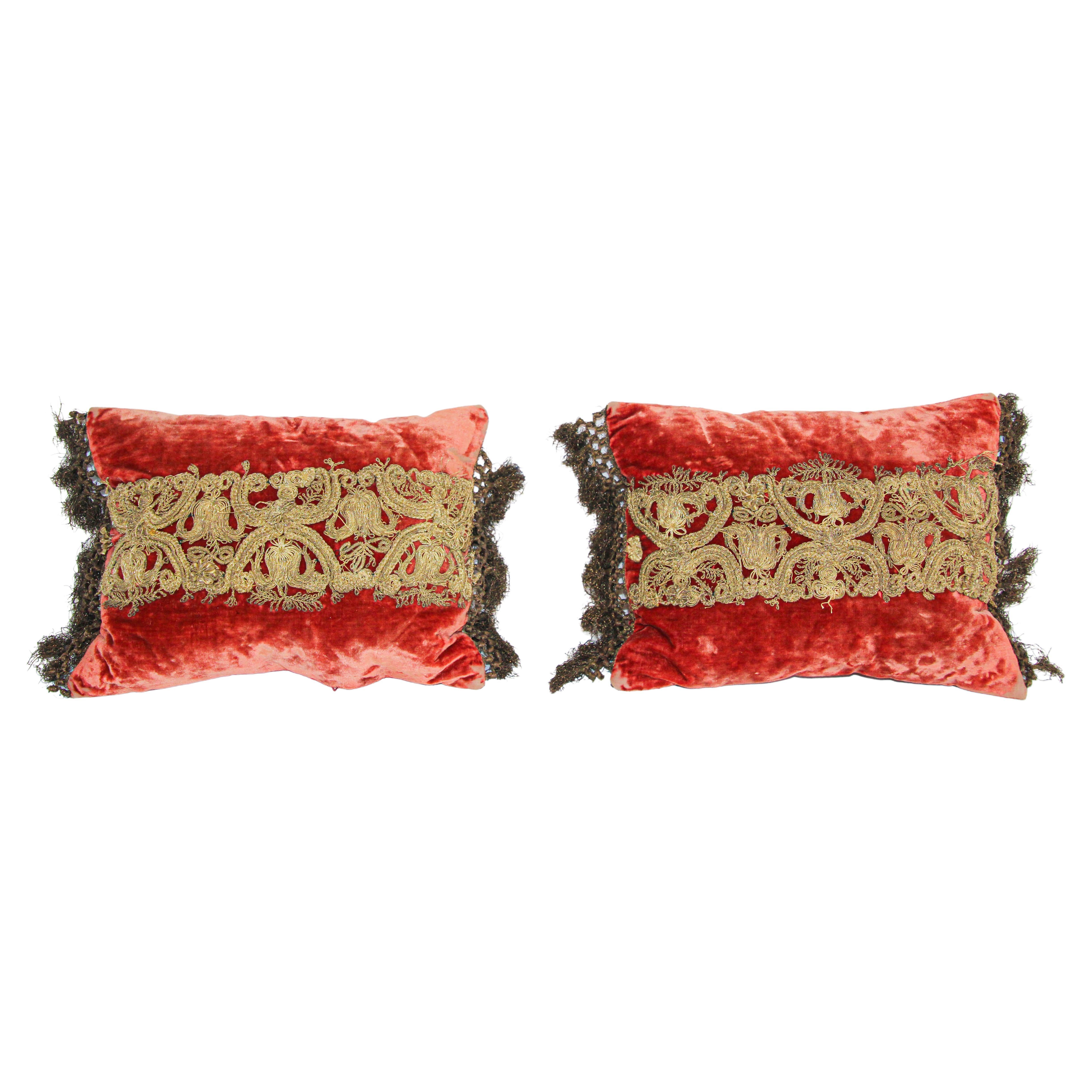 Antique Venetian Moorish Silk Velvet Throw Pillows Embellished Metallic Treads For Sale