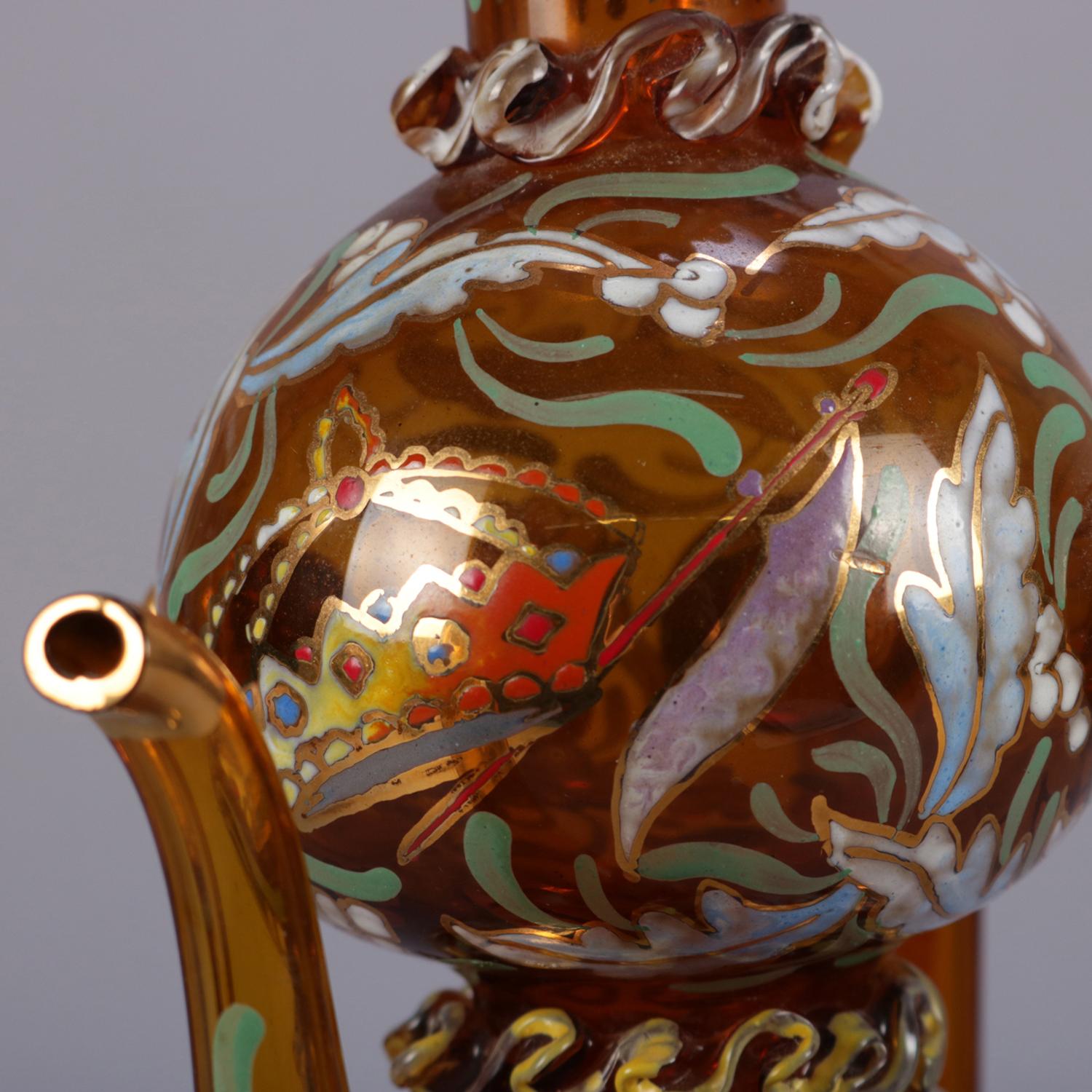 Glass Antique Moorish Style Bohemian Moser School Hand Enameled Blown Gourd Ewer