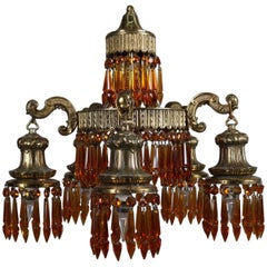 Antique Moorish Style Gilt 
Amber Crystal Five Drop-Light Chandelier circa 1930