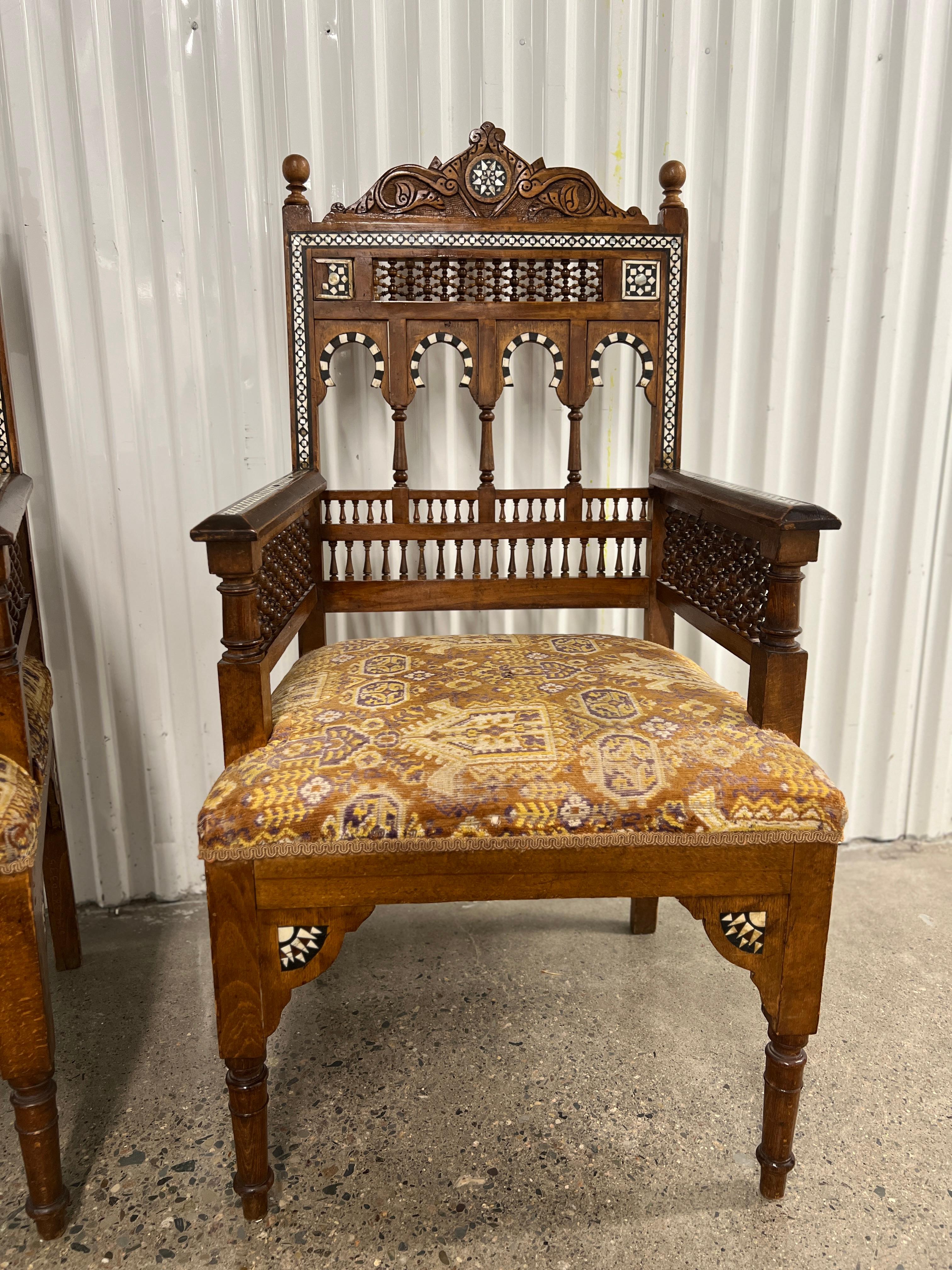 Anglo-Indian Antique Moorish Syrian Inlaid Arabesque Pair of Armchairs Circa 1900 For Sale