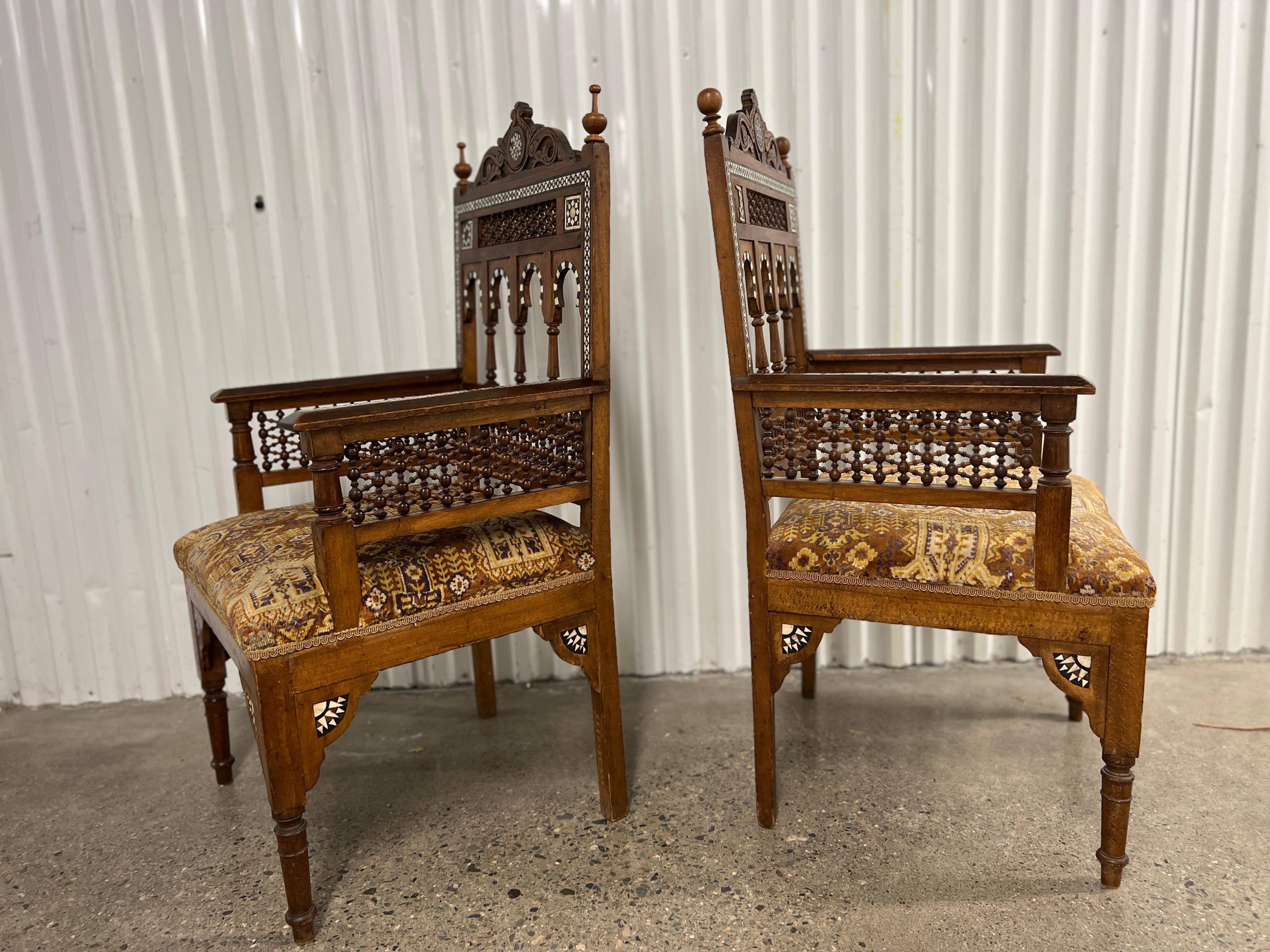 Walnut Antique Moorish Syrian Inlaid Arabesque Pair of Armchairs Circa 1900 For Sale