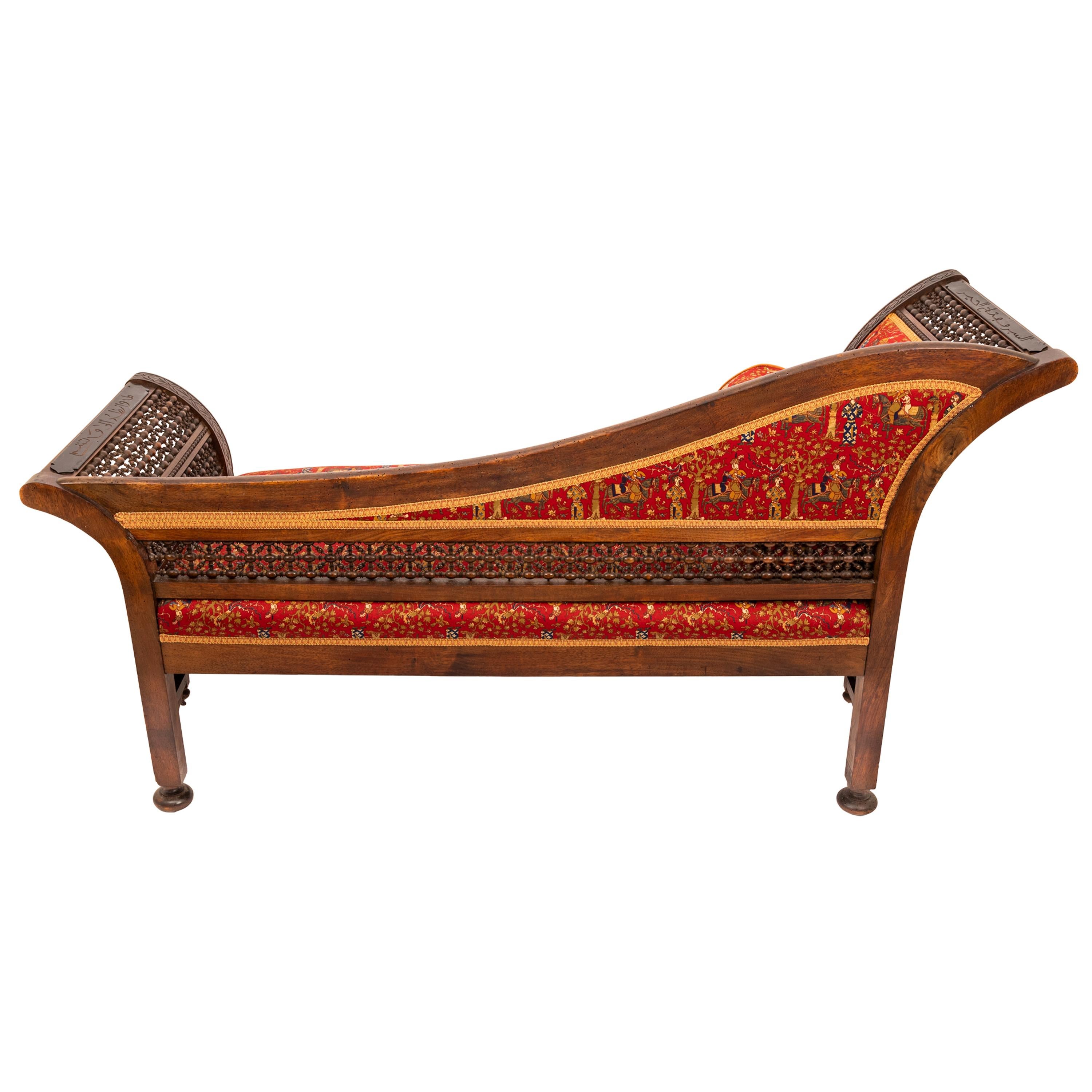 Carved Antique Moorish Syrian Levantine Arabesque Arabic Chaise Lounge Sofa Settee 1880
