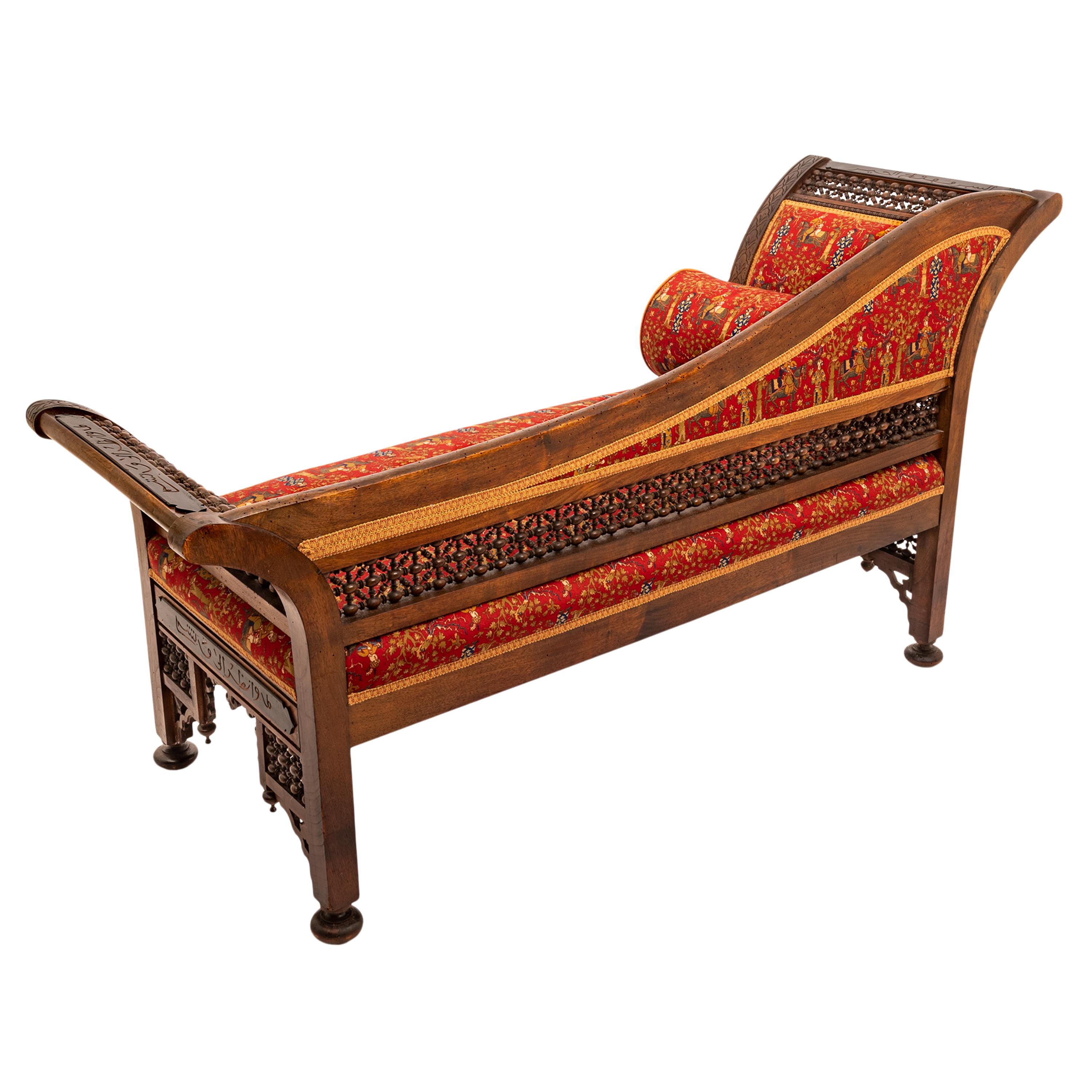 Antique Moorish Syrian Levantine Arabesque Arabic Chaise Lounge Sofa Settee 1880 In Good Condition In Portland, OR