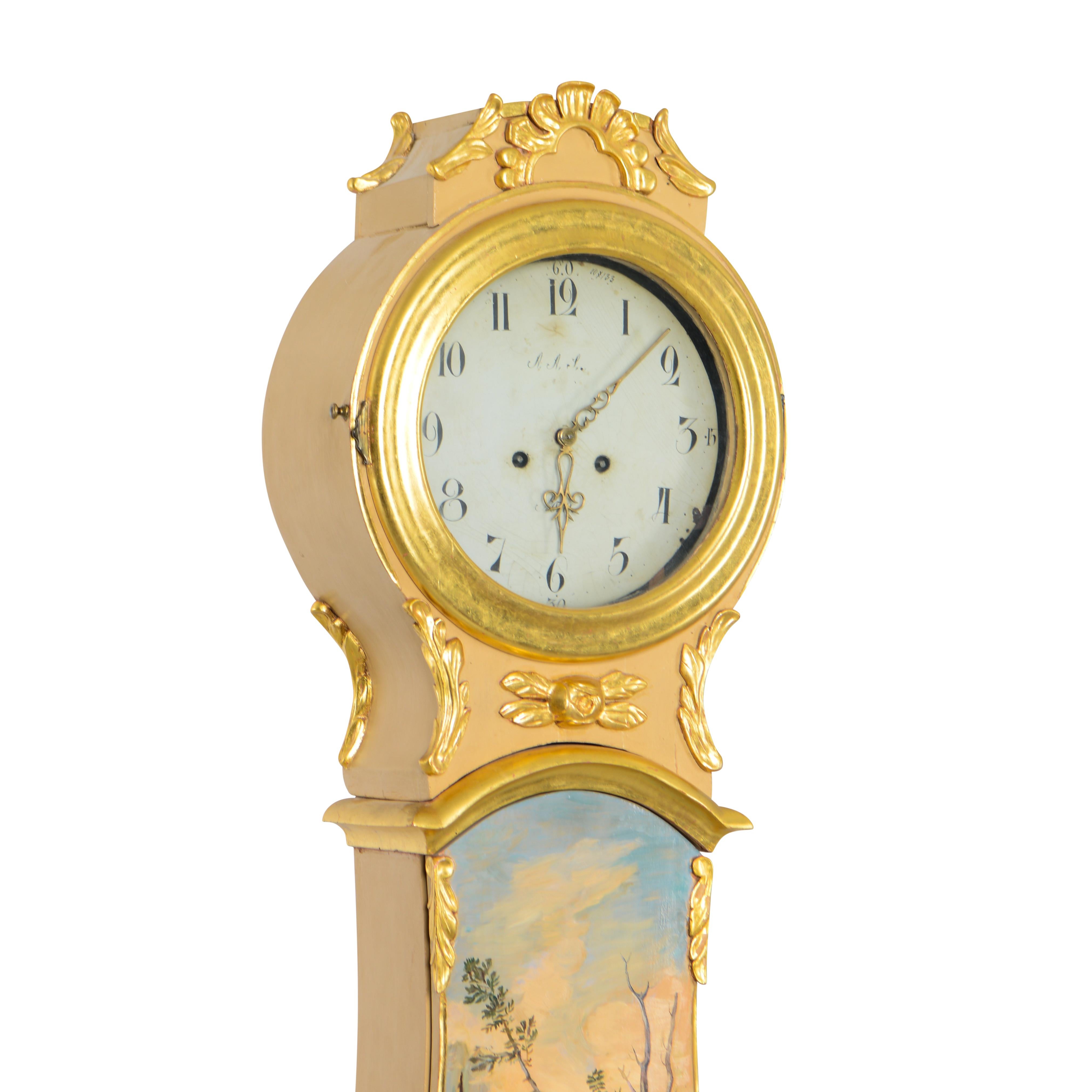 Antique Swedish Mora clock dated 1849 in brown with hand painted traditional Swedish floral details and clockmakers initials on face AAL. Working Longcase clock mechanism of pendulum and 2 weights and a bell chime on the hour.

Width:42cm /