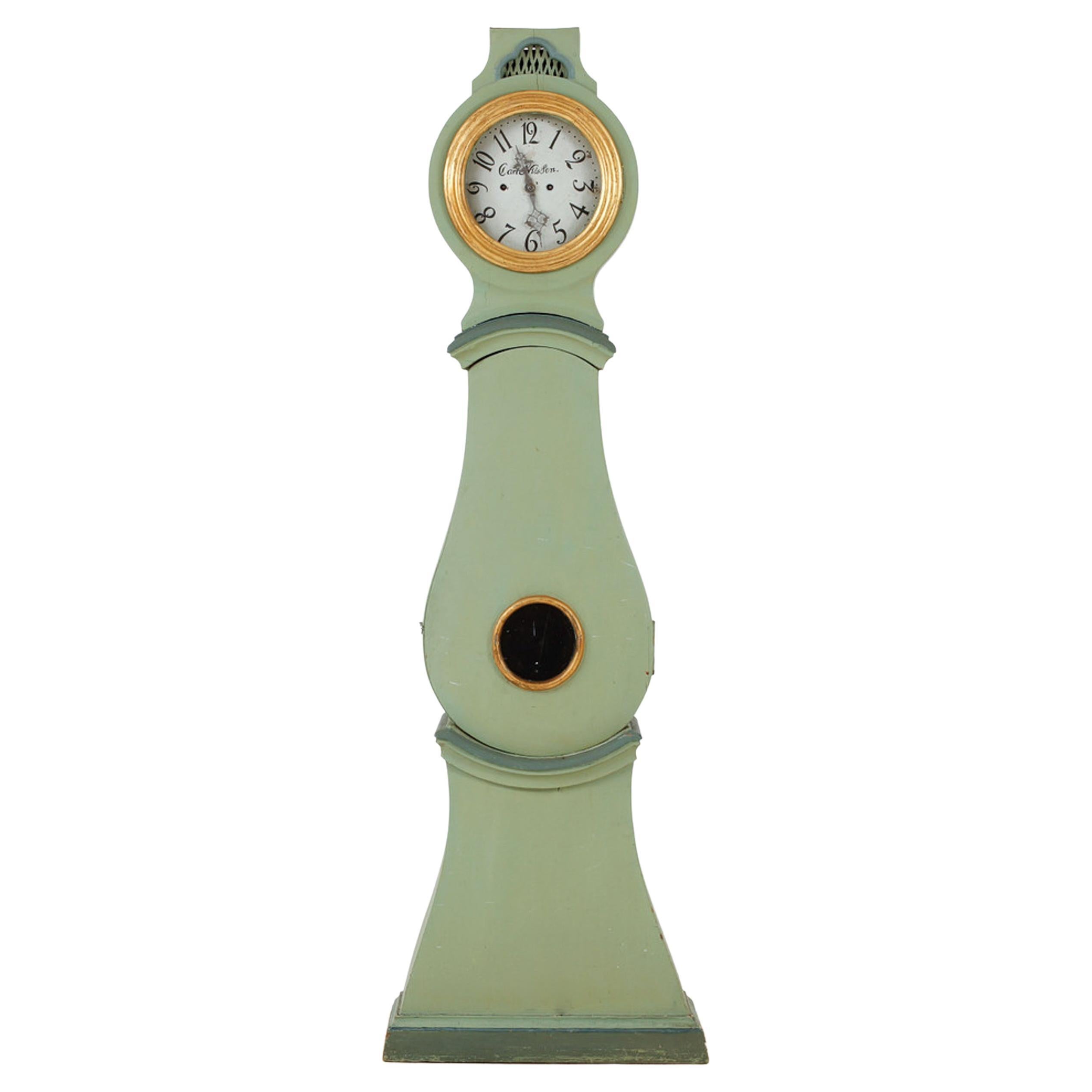 Antique Mora Clock Swedish 1800s Light Green Gold 1800s C Nilsson Gustavian