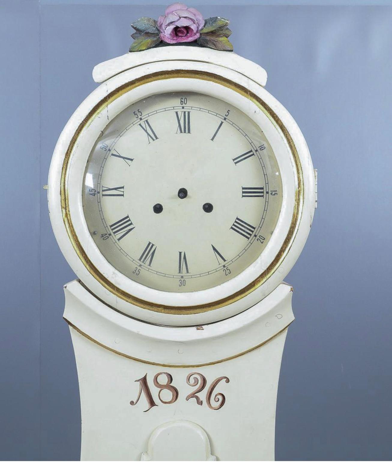 Gustavian Antique Mora Clock Swedish 1800s White Hand Painted Roses For Sale