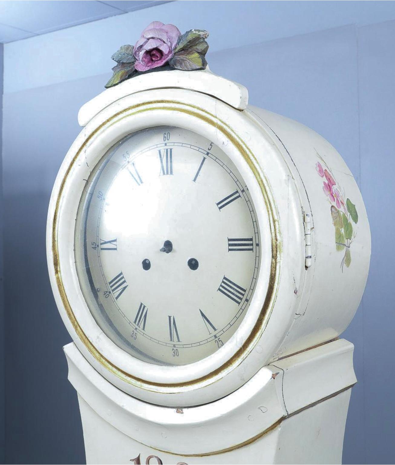 Hand-Painted Antique Mora Clock Swedish 1800s White Hand Painted Roses For Sale