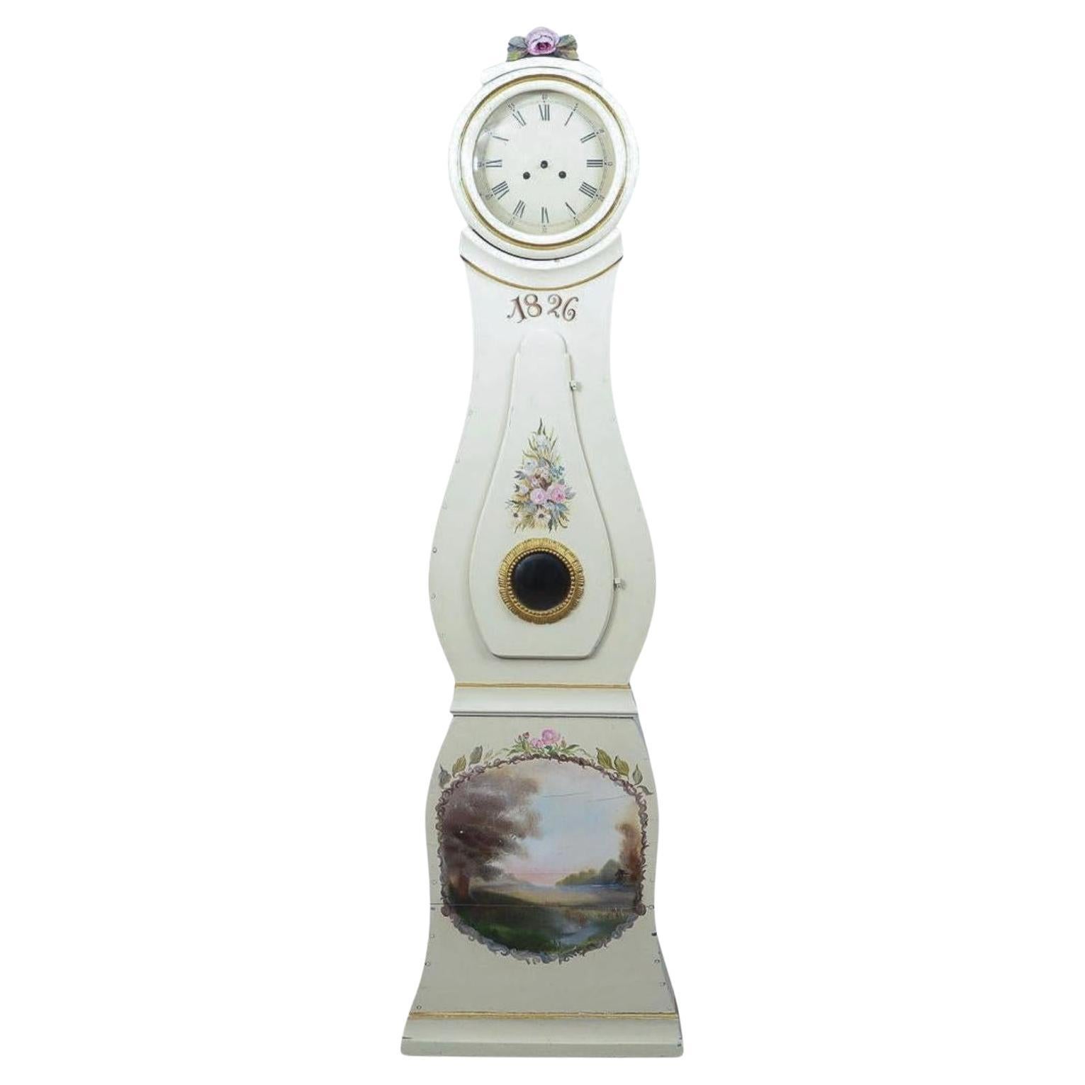 Antiguo Mora Clocks Sueco 1800s Rosas Blancas Pintadas a Mano