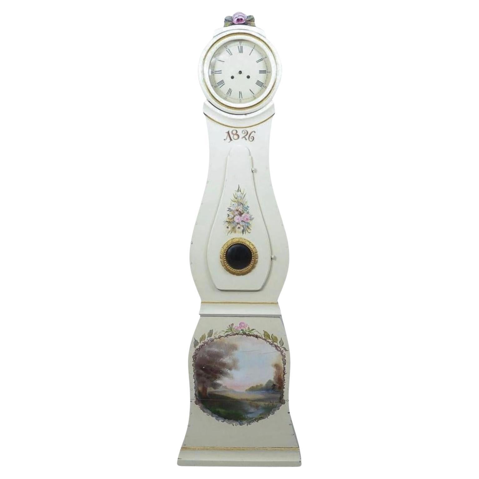 Antico orologio Mora Clocks svedese del 1800 con rose bianche dipinte a mano