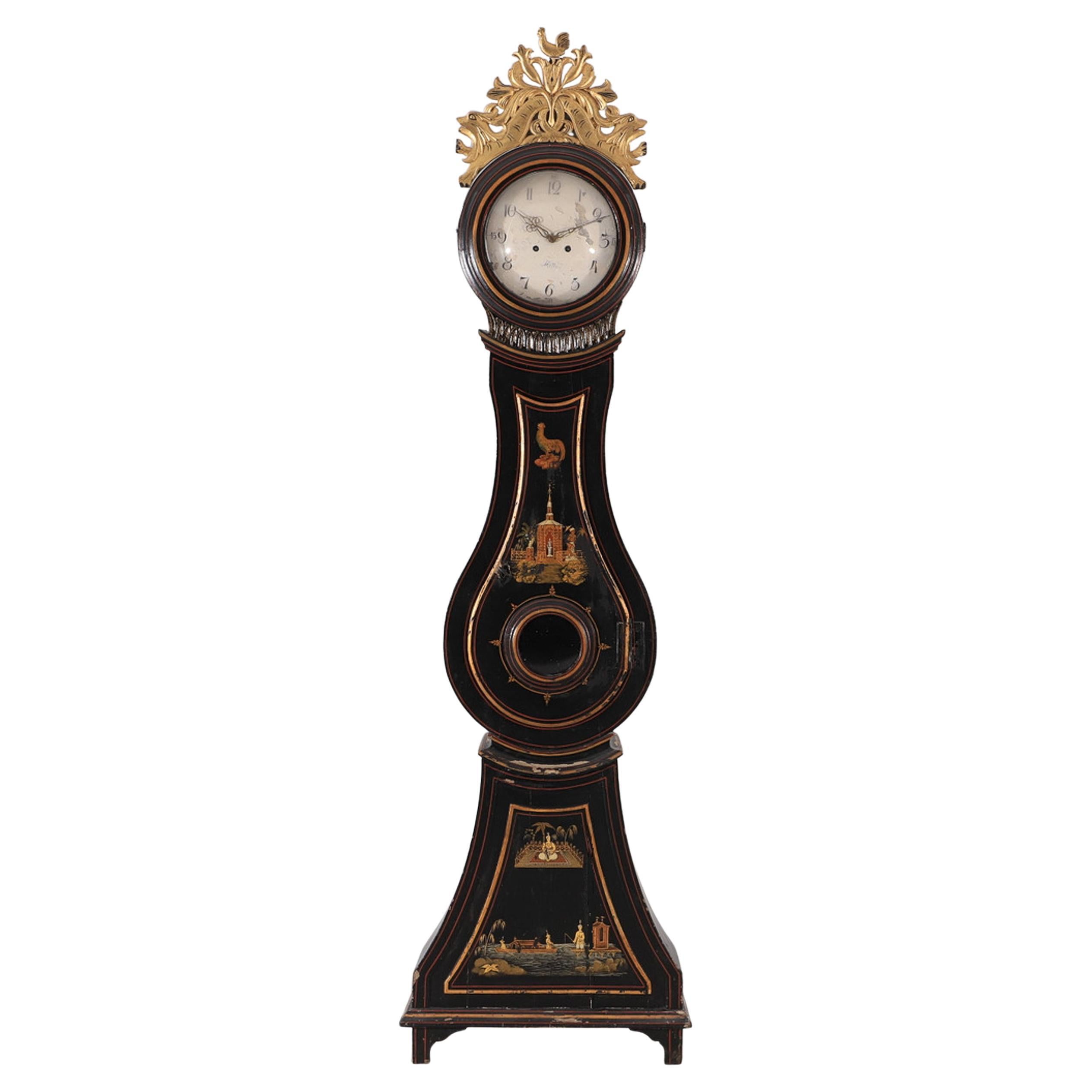 Antique Mora Clock Swedish Black Gold Chinoiserie Gustavian Early 1800s