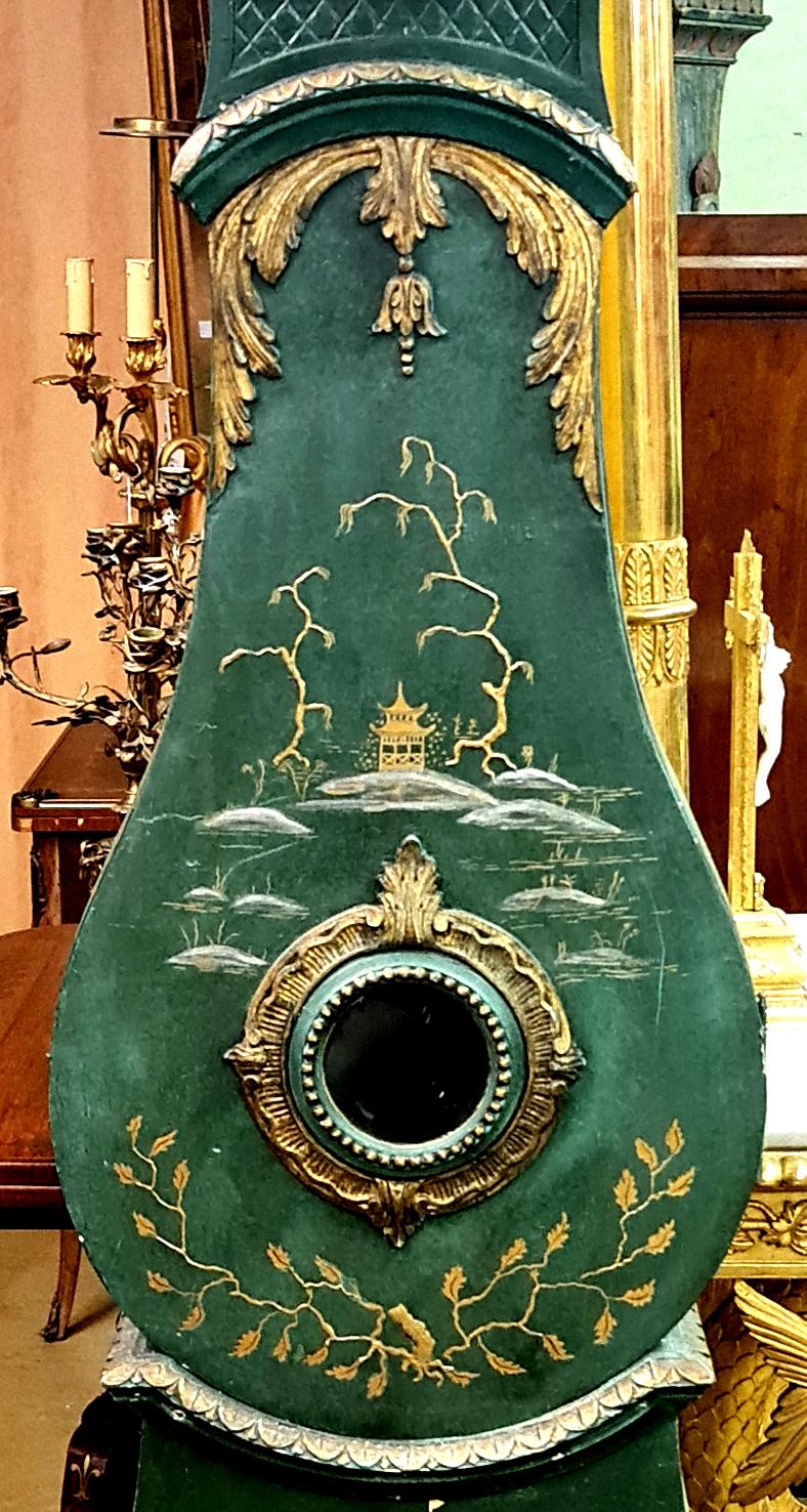 Polished Antique Mora Clock Swedish Chinoiserie Green Gold Late 1700s Gustavian Rococo