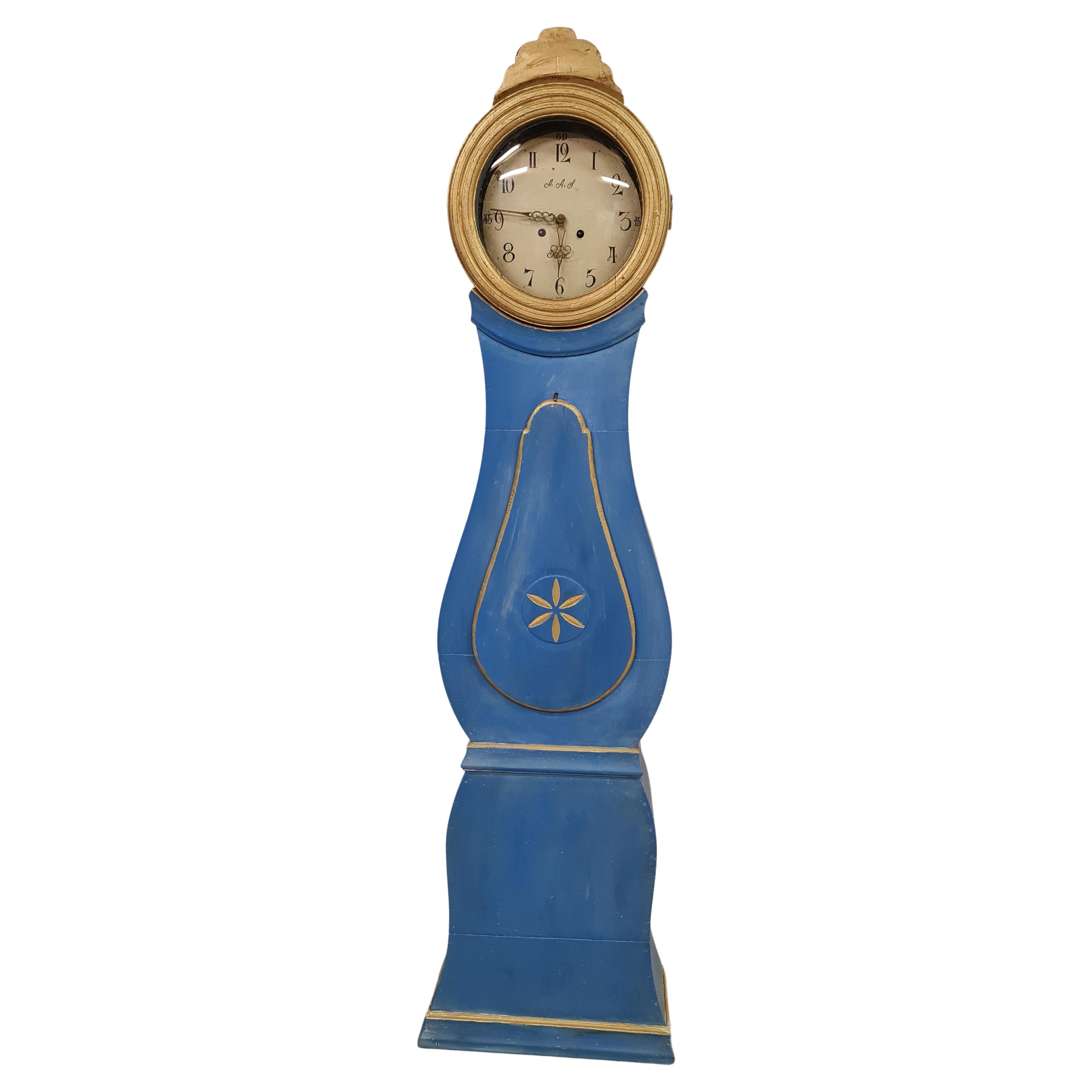 Antique Mora Clock Swedish Early 1800s Blue Gold Star Motif