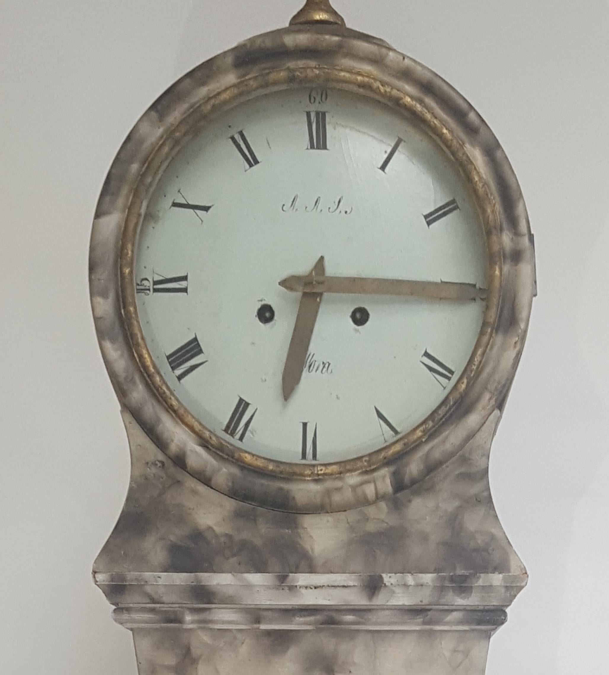 Hand-Painted Antique Mora Clock Swedish Faux Marble Finish, Early 1800s