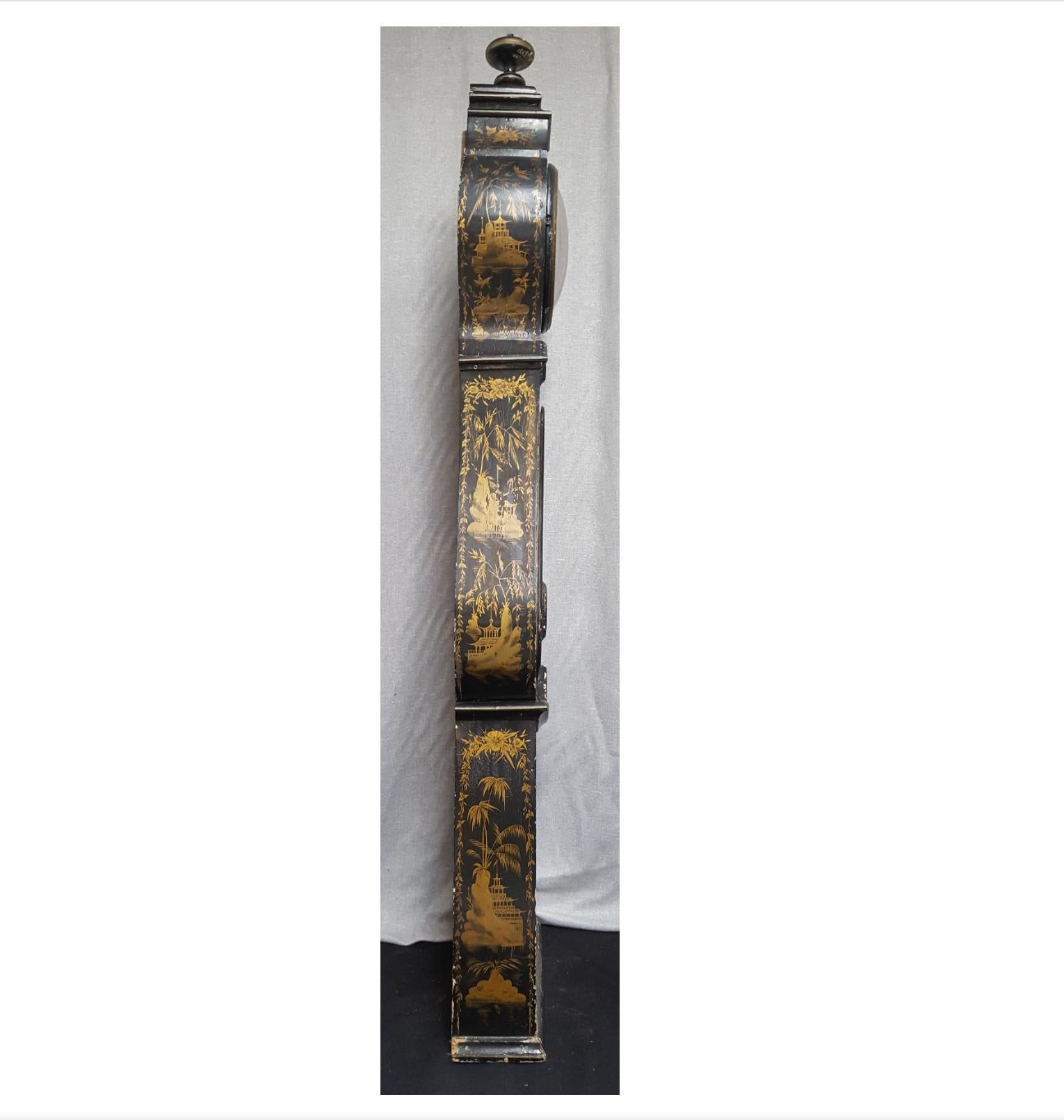 Antique Swedish Mora clock from early 1800s in probable original paint with a great decorative shape body and a good face with lots of detail and a very ornate hood.

It has the most exceptional quality chinoiserie handpainting in delicate gold on