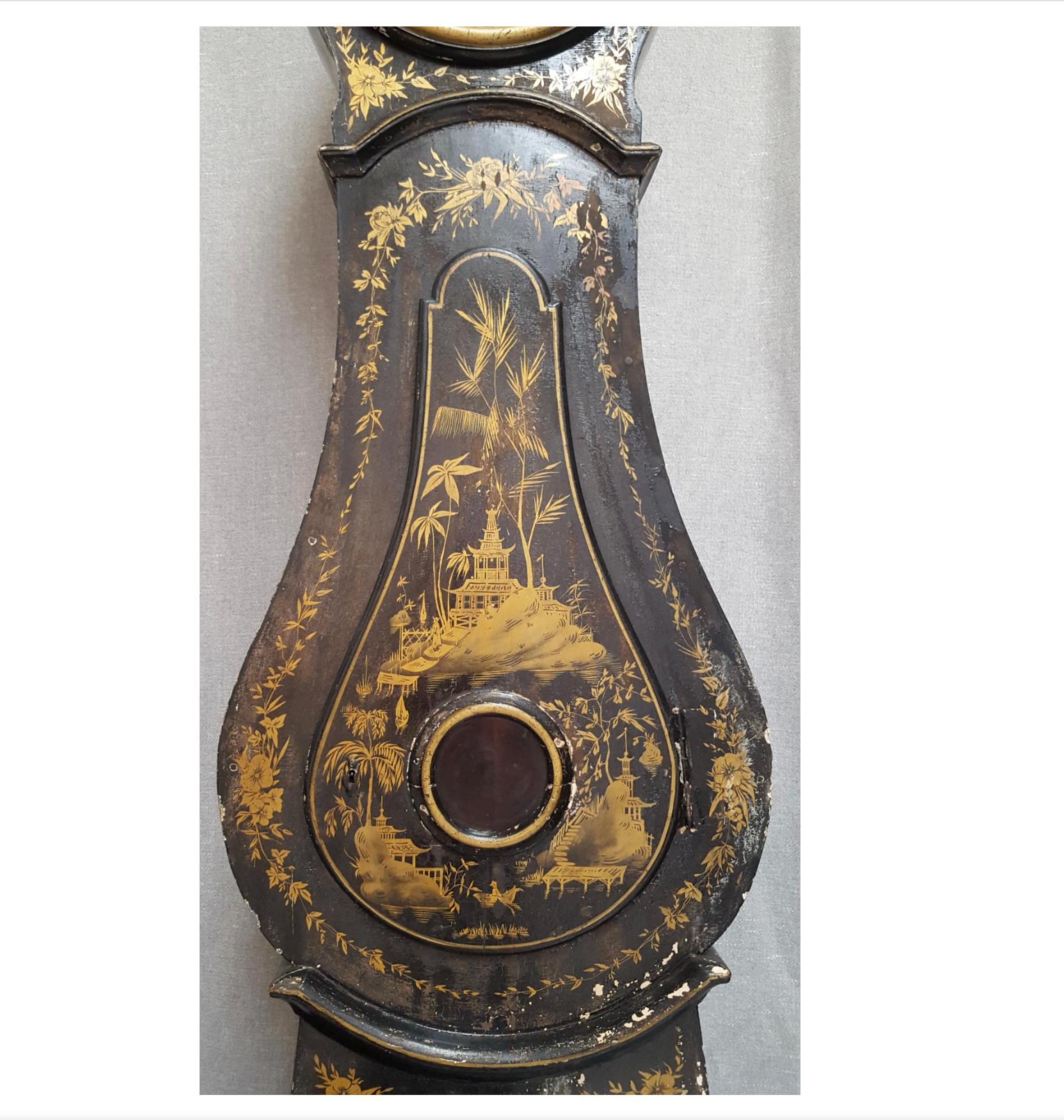 Gustavian Antique Mora Clock Swedish Gold Black Early 1800s Chinoiserie Painted Original For Sale