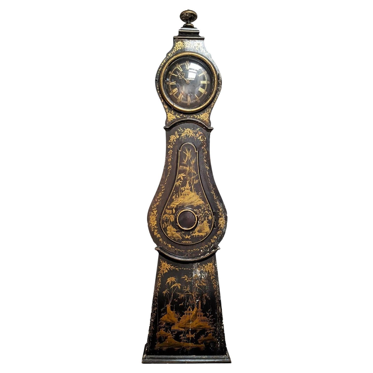 Antique Mora Clock Swedish Gold Black Early 1800s Chinoiserie Painted Original For Sale