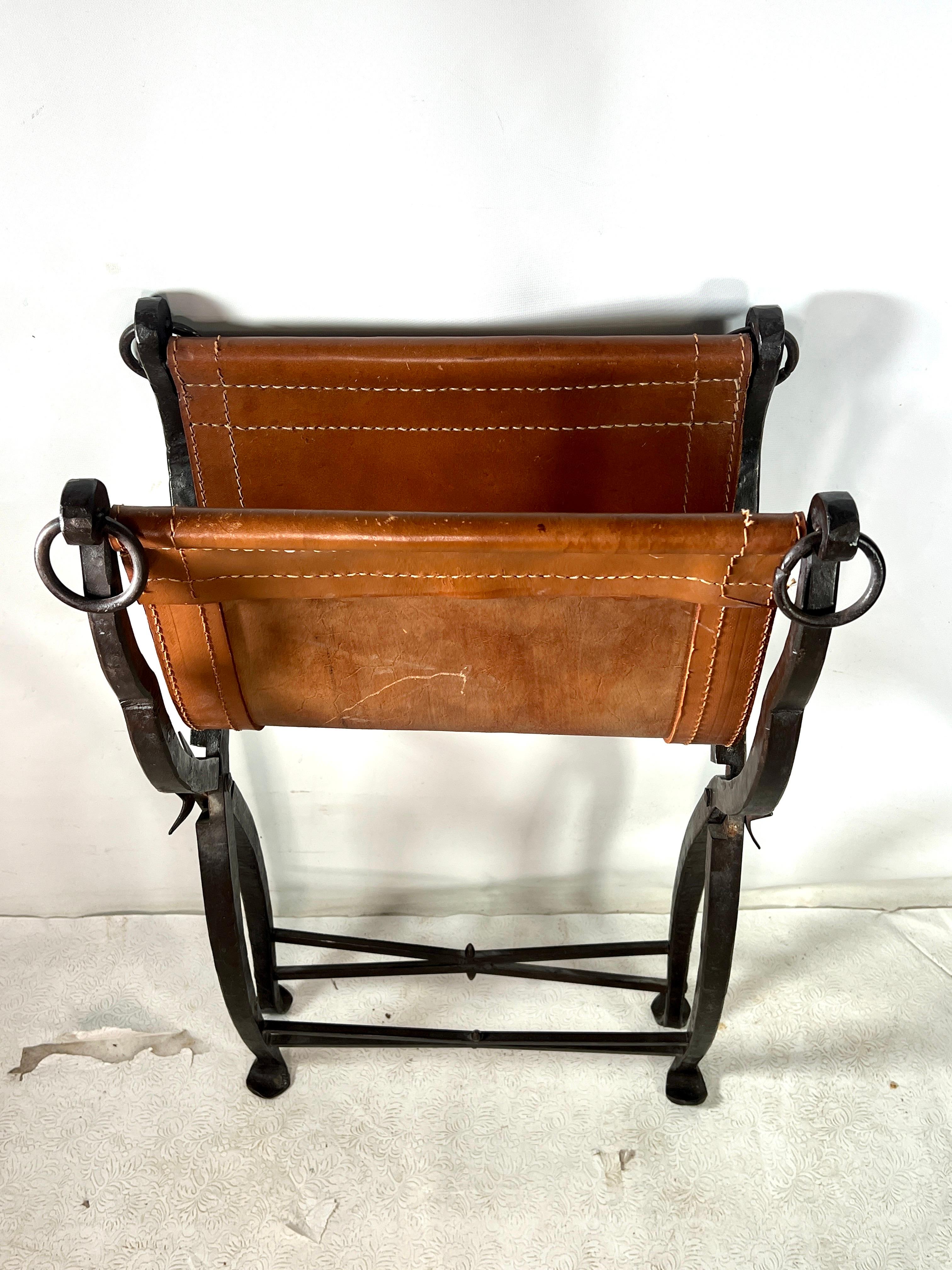 Antique Morgan Colt Style Wrought-Iron and Leather Folding Curule Stool For Sale 1