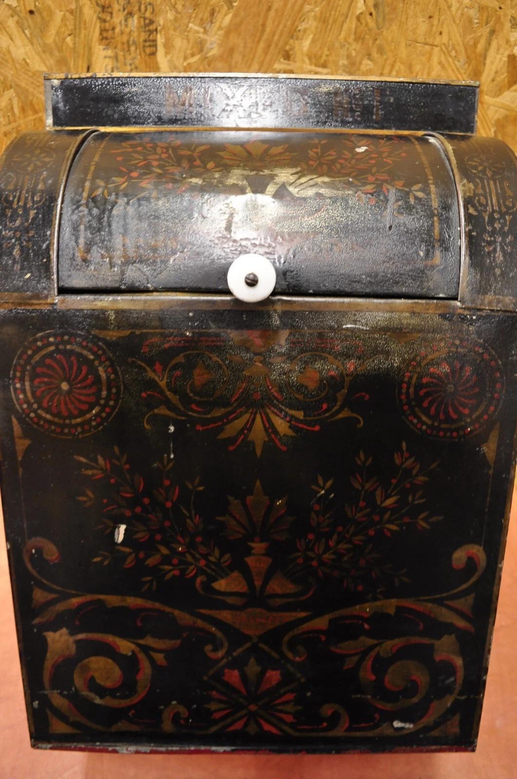 Antique Morgan & Cornell NY 1890 Tin Rolltop Tea Hopper Store Spice Bin Display. Circa Late 19th Century. Measurements: 21.5
