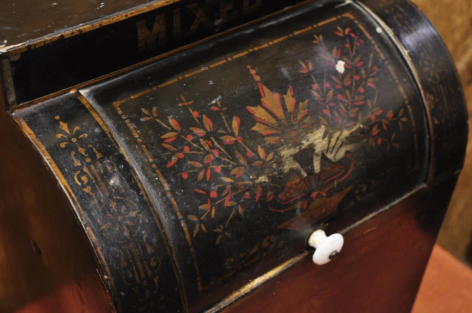 Victorian Antique Morgan & Cornell NY 1890 Tin Rolltop Tea Hopper Store Spice Bin Display For Sale