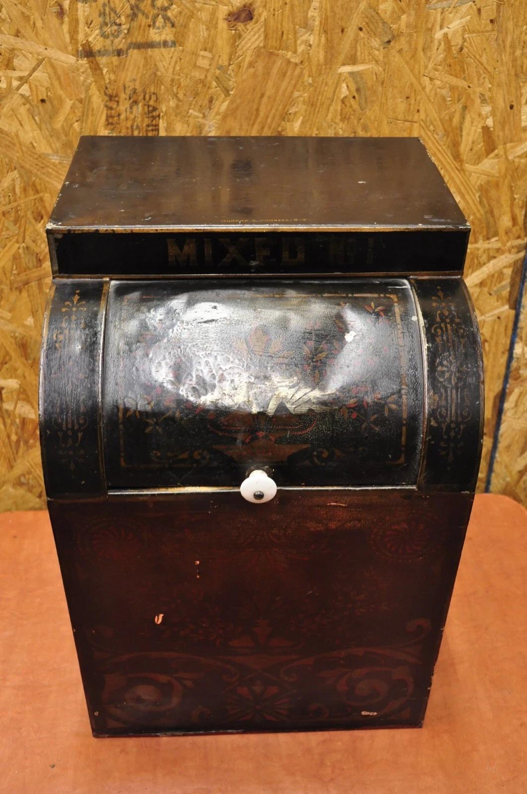 Antique Morgan & Cornell NY 1890 Tin Rolltop Tea Hopper Store Spice Bin Display In Good Condition For Sale In Philadelphia, PA