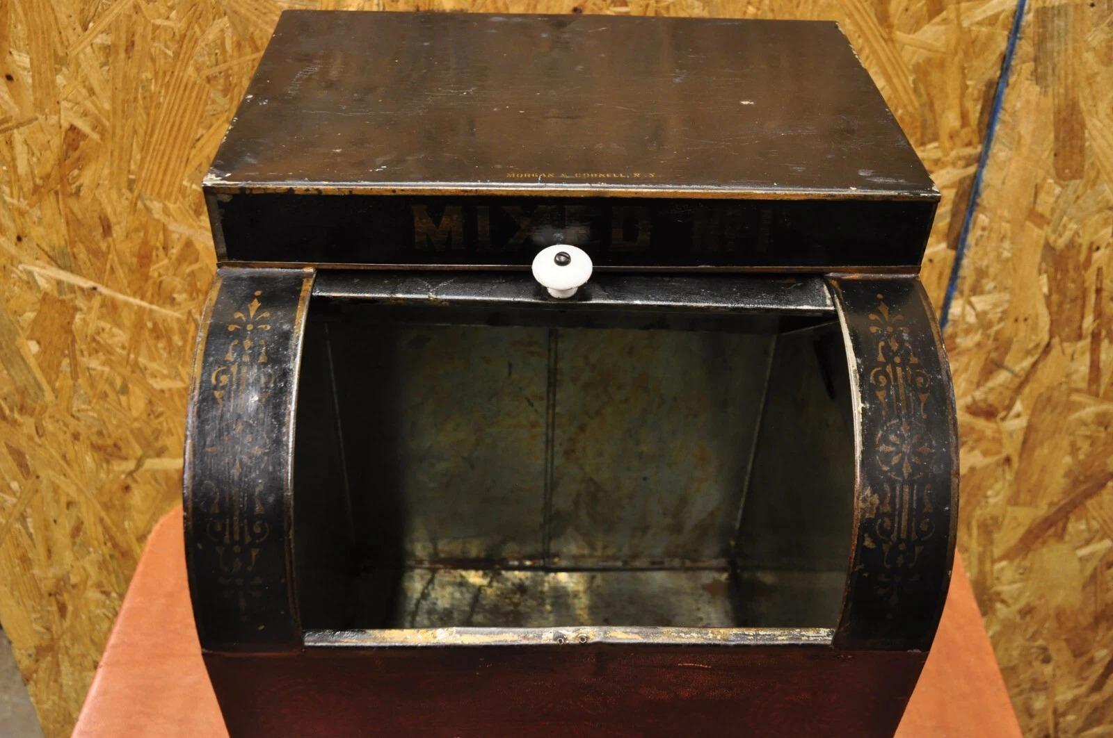 Antique Morgan & Cornell NY 1890 Tin Rolltop Tea Hopper Store Spice Bin Display For Sale 2