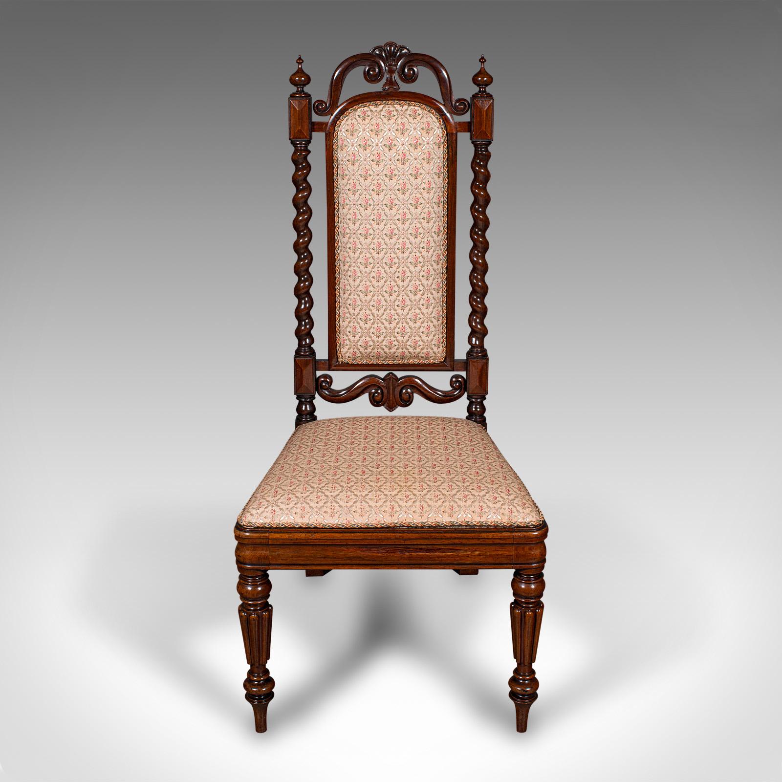 This is an antique morning room chair. An English, rosewood and embroidered silk cotton side seat, dating to the William IV period, circa 1835.

Exquisite upholstery over a beautifully crafted frame
Displays a desirable aged patina and in good