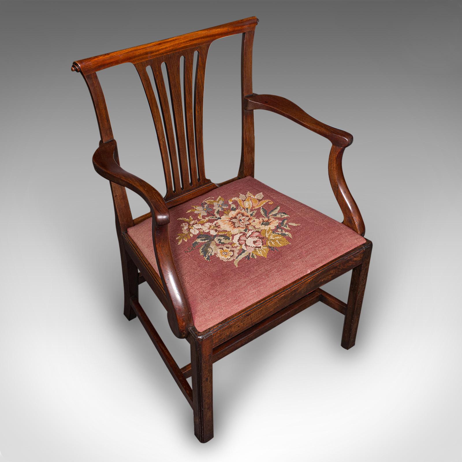 Wood Antique Morning Room Elbow Chair, English, Armchair, Chippendale Taste, Georgian
