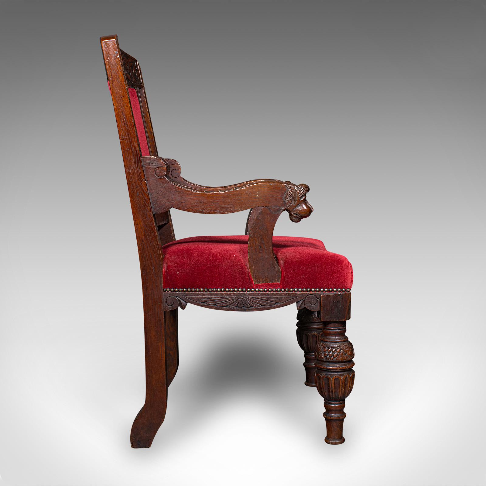 British Antique Morning Room Elbow Chair, Scottish, Oak, Gothic Revival Seat, Victorian For Sale