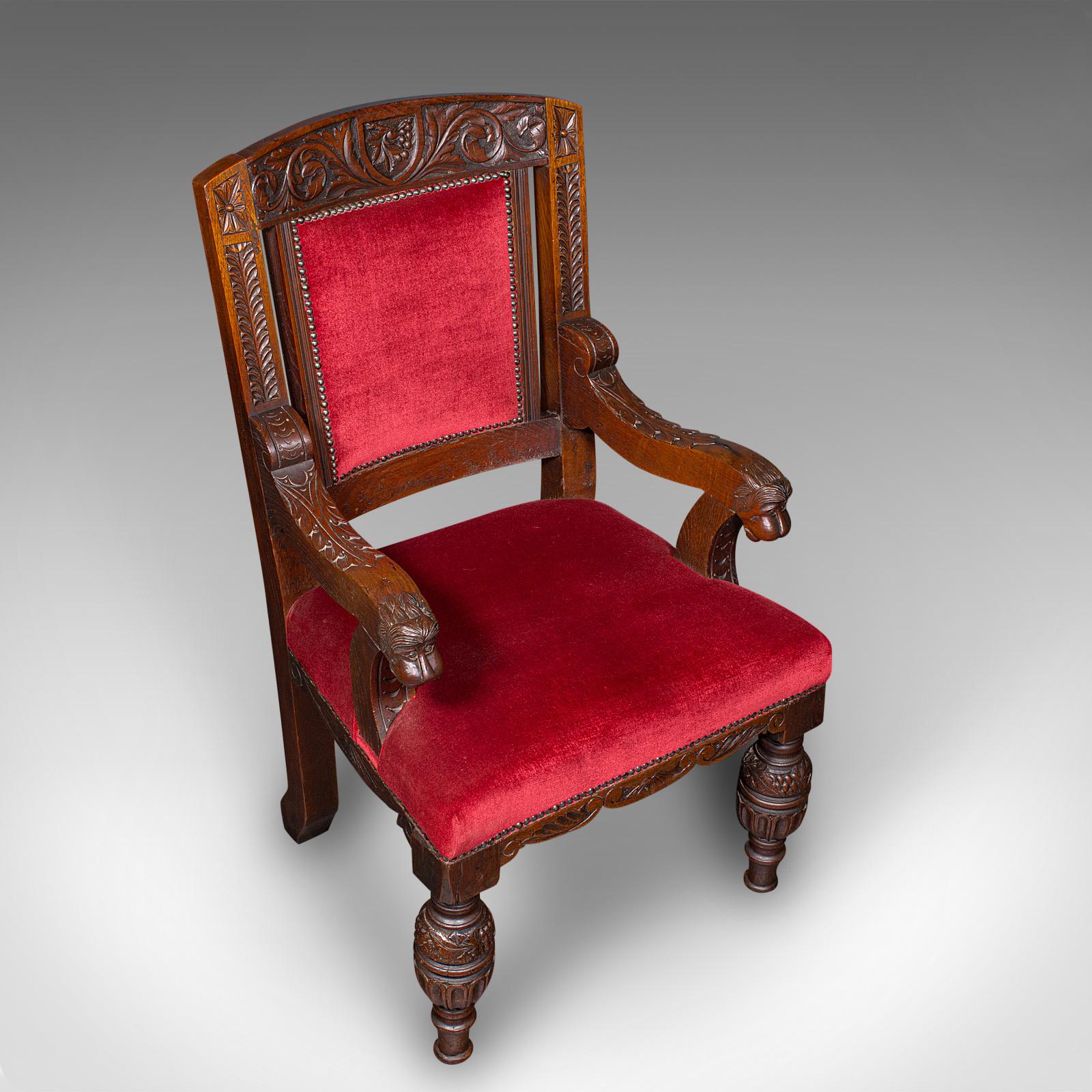 Textile Antique Morning Room Elbow Chair, Scottish, Oak, Gothic Revival Seat, Victorian For Sale