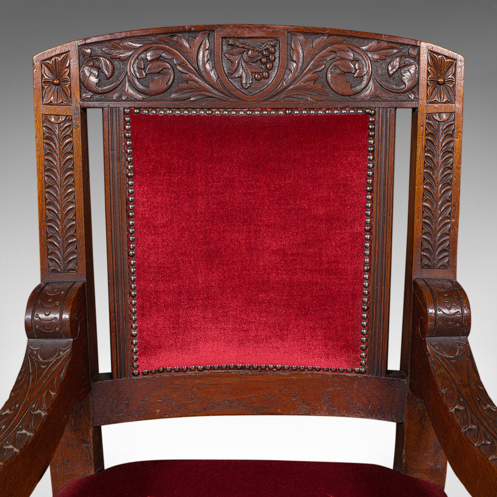 Antique Morning Room Elbow Chair, Scottish, Oak, Gothic Revival Seat, Victorian For Sale 2
