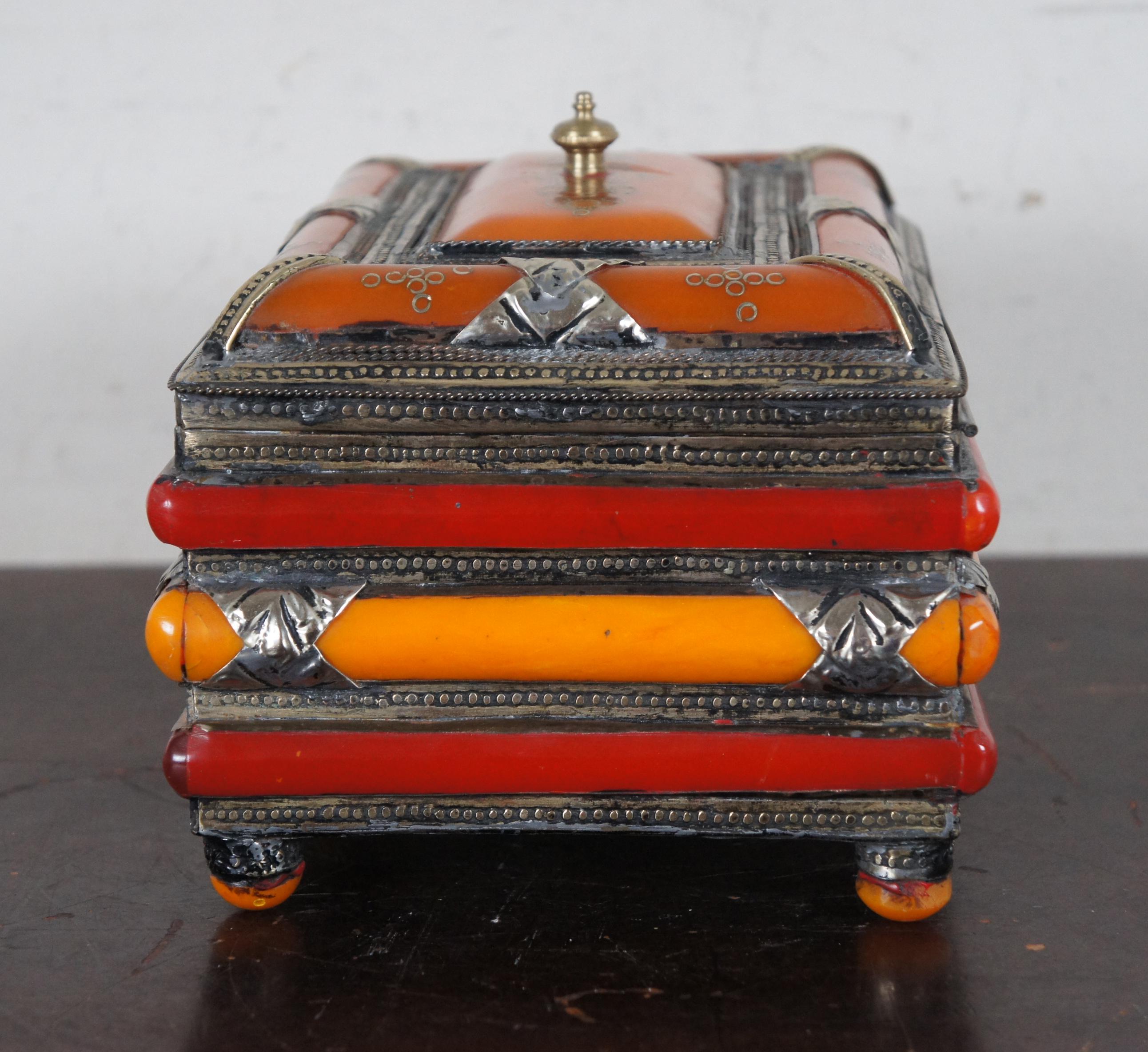 19th Century Antique Moroccan Bakelite & Silver Jewelry Casket Trinket Keepsake Box Boho