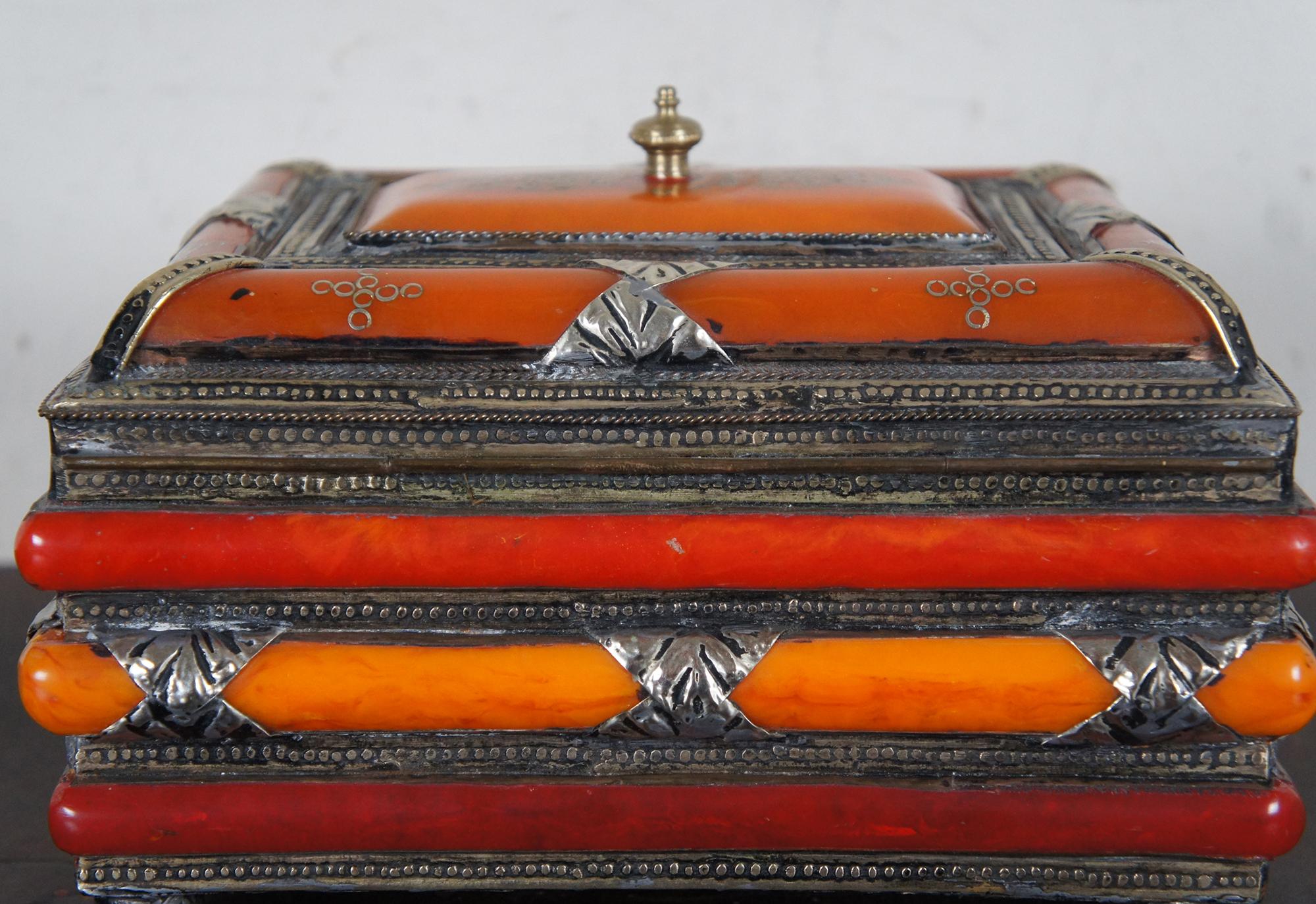 Antique Moroccan Bakelite & Silver Jewelry Casket Trinket Keepsake Box Boho 1