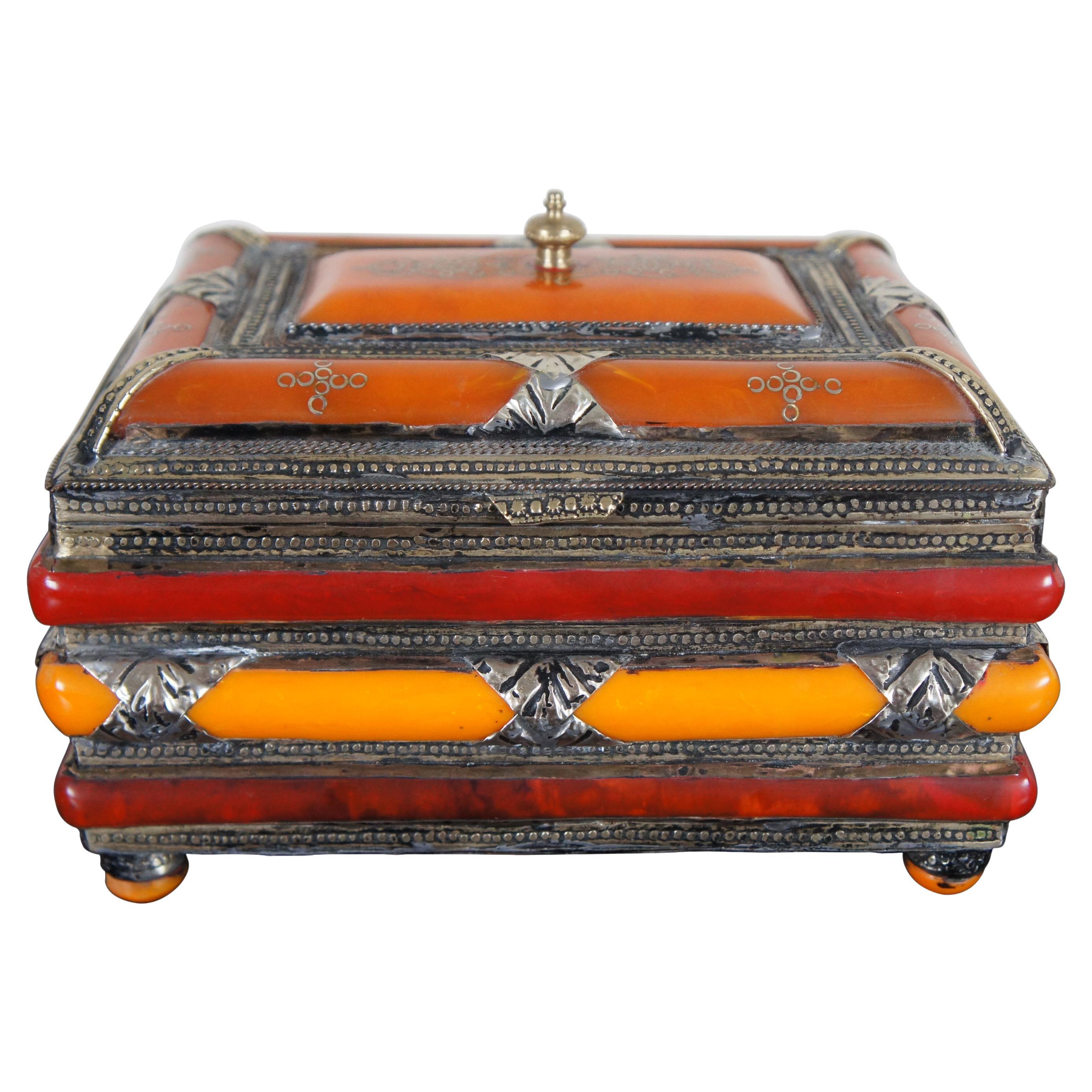 Antique Moroccan Bakelite & Silver Jewelry Casket Trinket Keepsake Box Boho