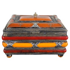 Antique Moroccan Bakelite & Silver Jewelry Casket Trinket Keepsake Box Boho