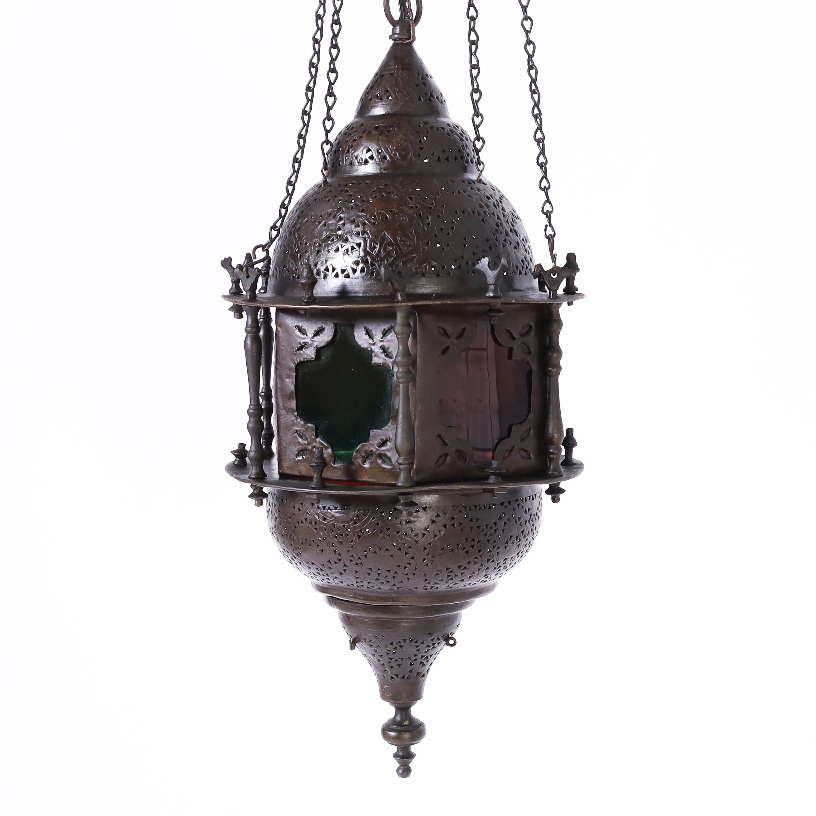 Hand-Crafted Antique Moroccan Brass and Stained Glass Pendant or Light Fixture For Sale