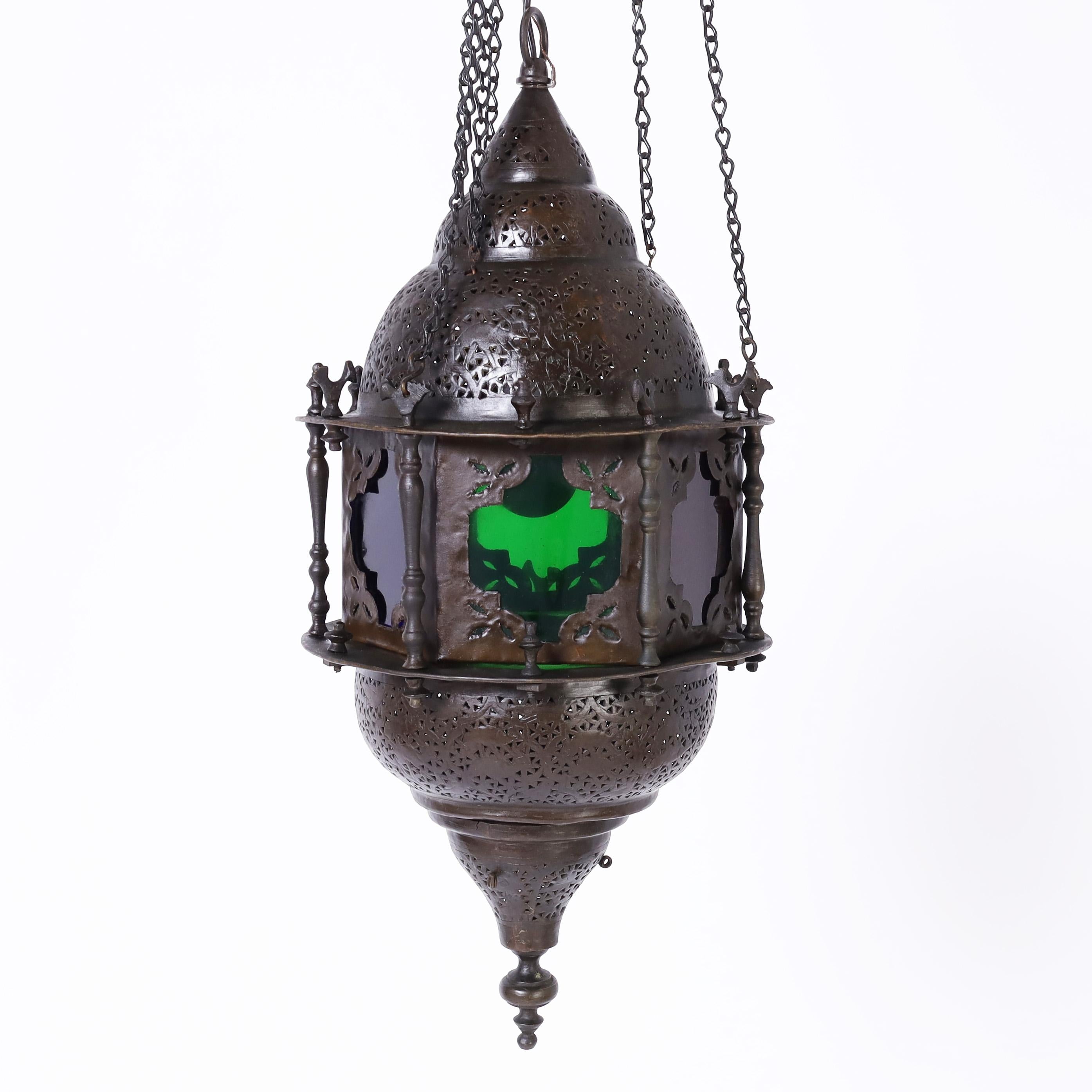 Antique Moroccan Brass and Stained Glass Pendant or Light Fixture In Good Condition For Sale In Palm Beach, FL
