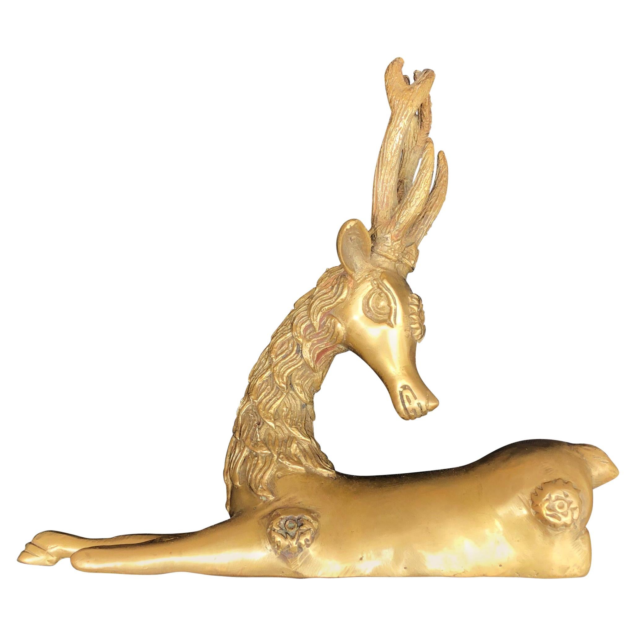 Antique Moroccan Brass Gazelle, Early 1900s Embossed African Animal Sculpture For Sale