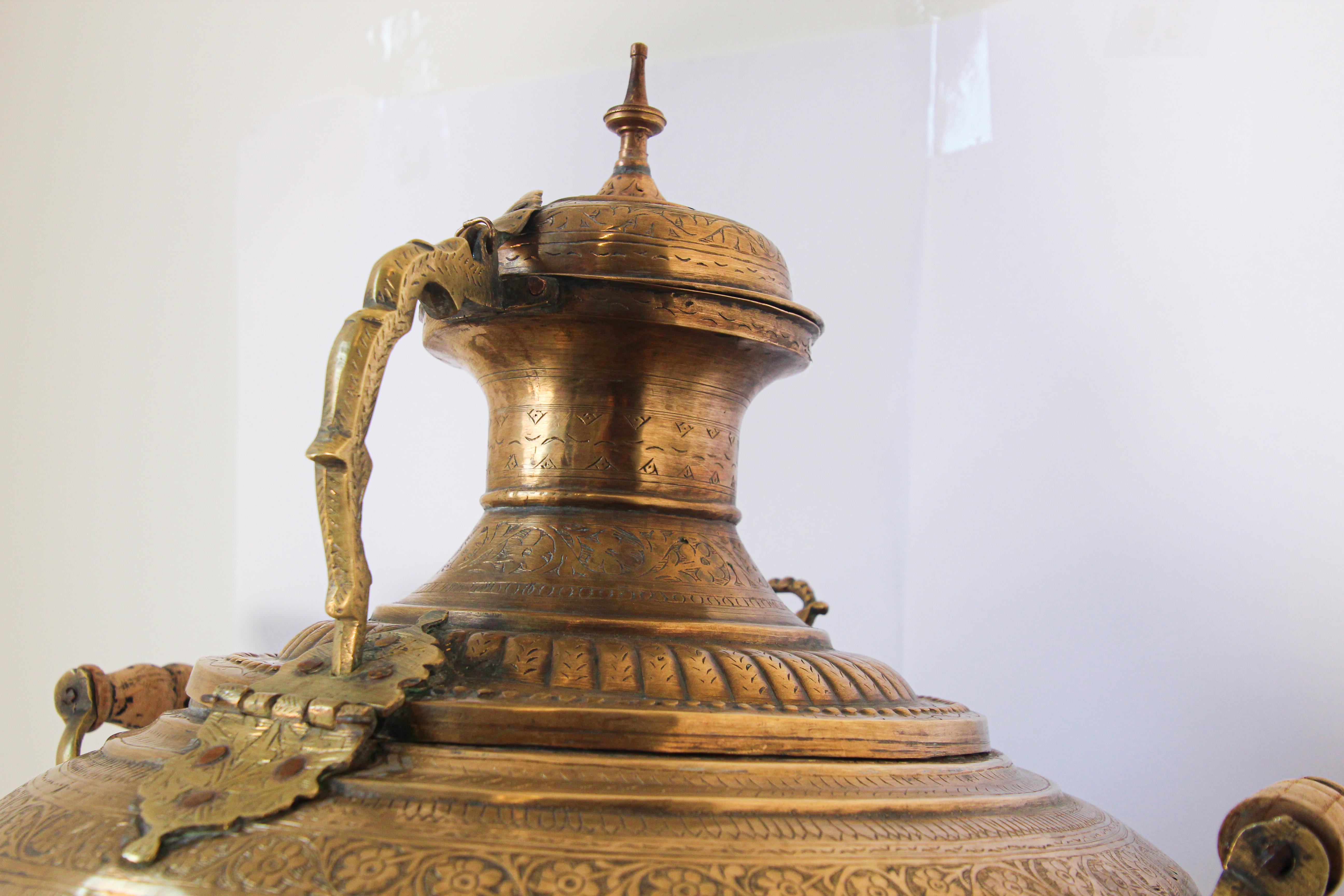 Embossed Antique Mughal Indian Brass Samovar For Sale