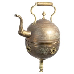 Monumental Moroccan Engraved Brass Tea Kettle on Stand