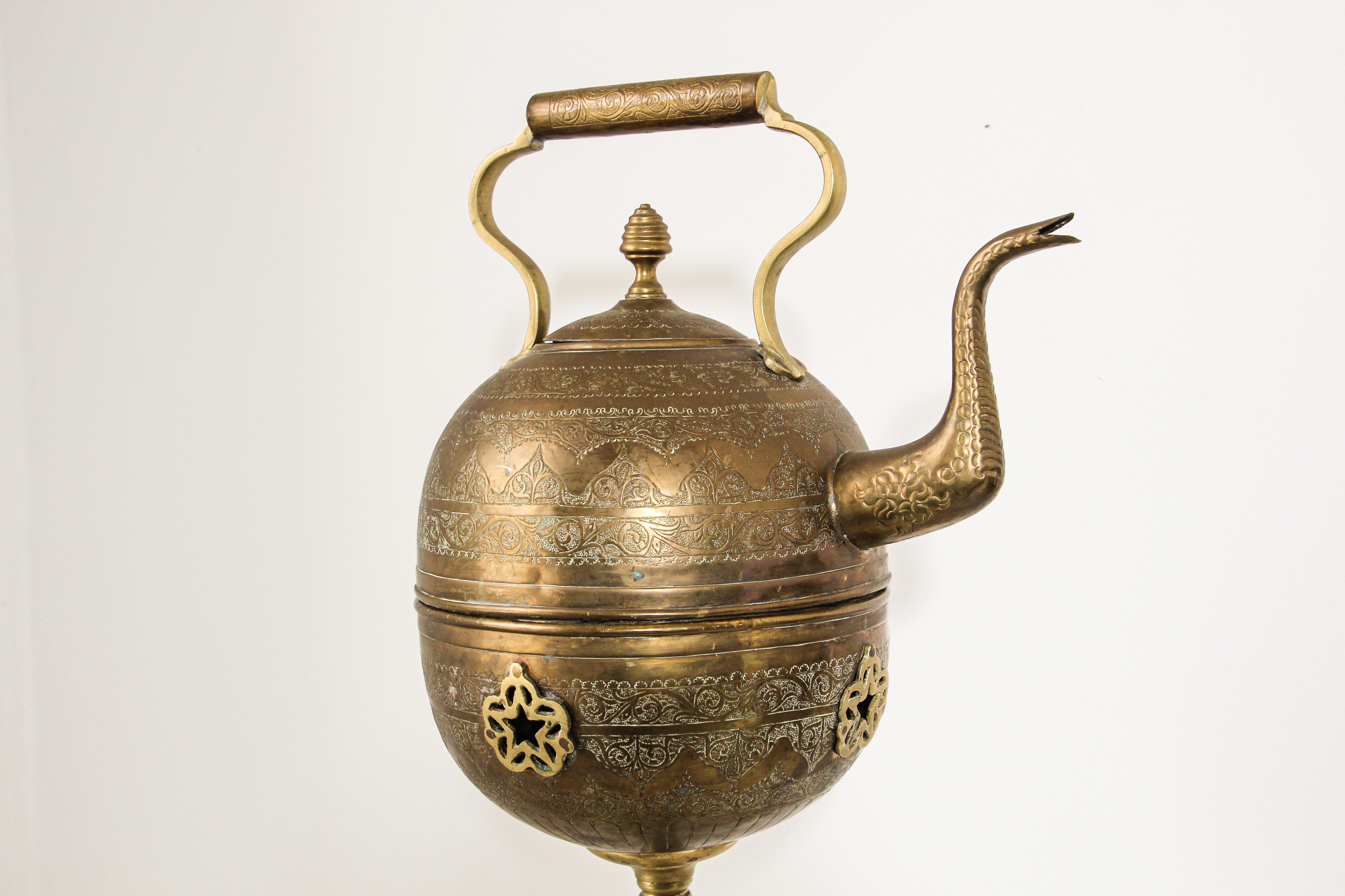 Antique Moroccan Brass Tea Kettle Pot on Stand For Sale at 1stDibs