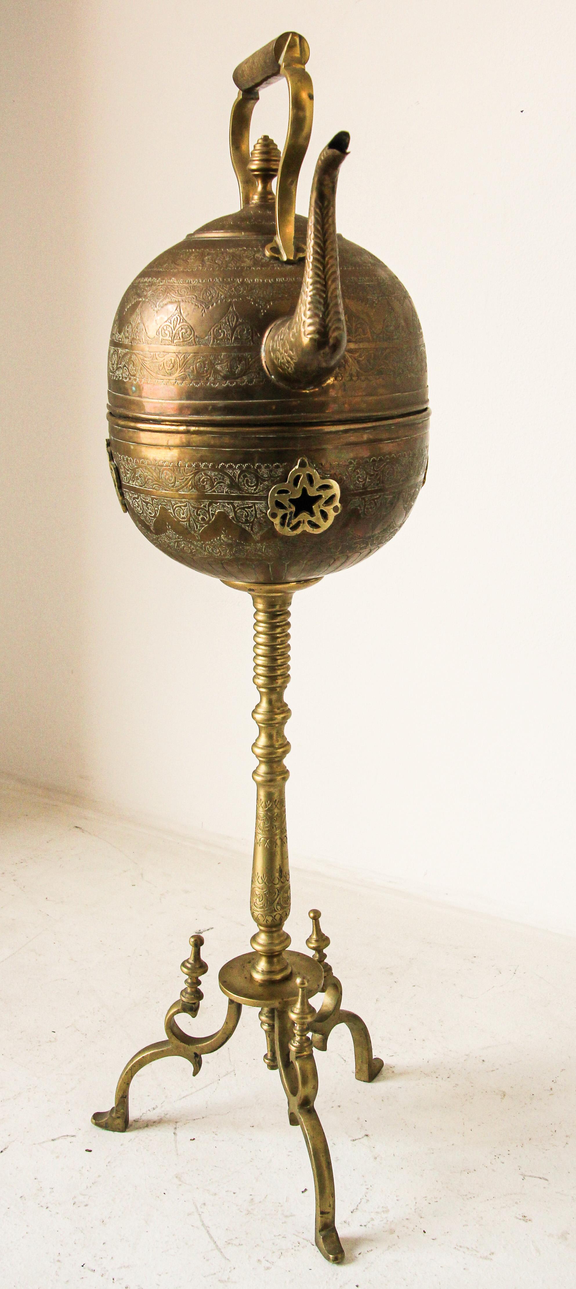 Antique Moroccan Brass Tea Kettle Pot on Stand For Sale at 1stDibs