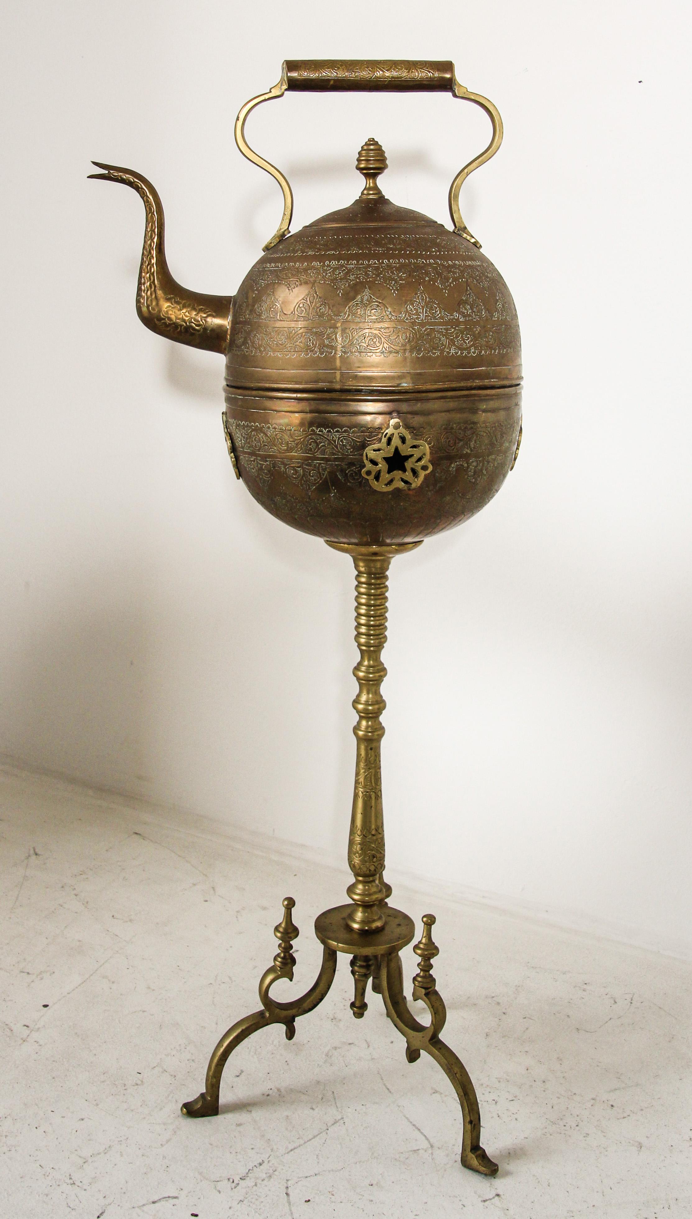 Antique Moroccan Brass Tea Kettle Pot on Stand For Sale at 1stDibs