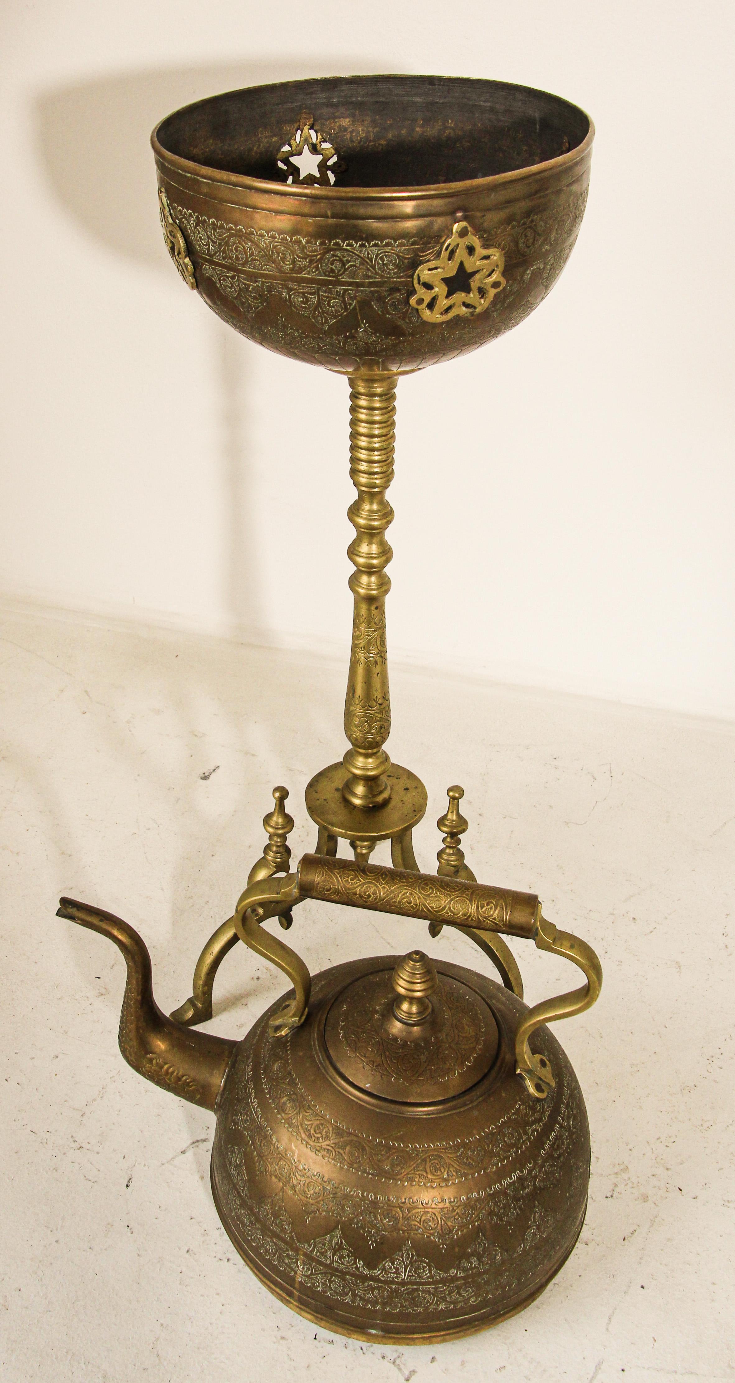 Antique Moroccan Brass Tea Kettle Pot on Stand For Sale at 1stDibs