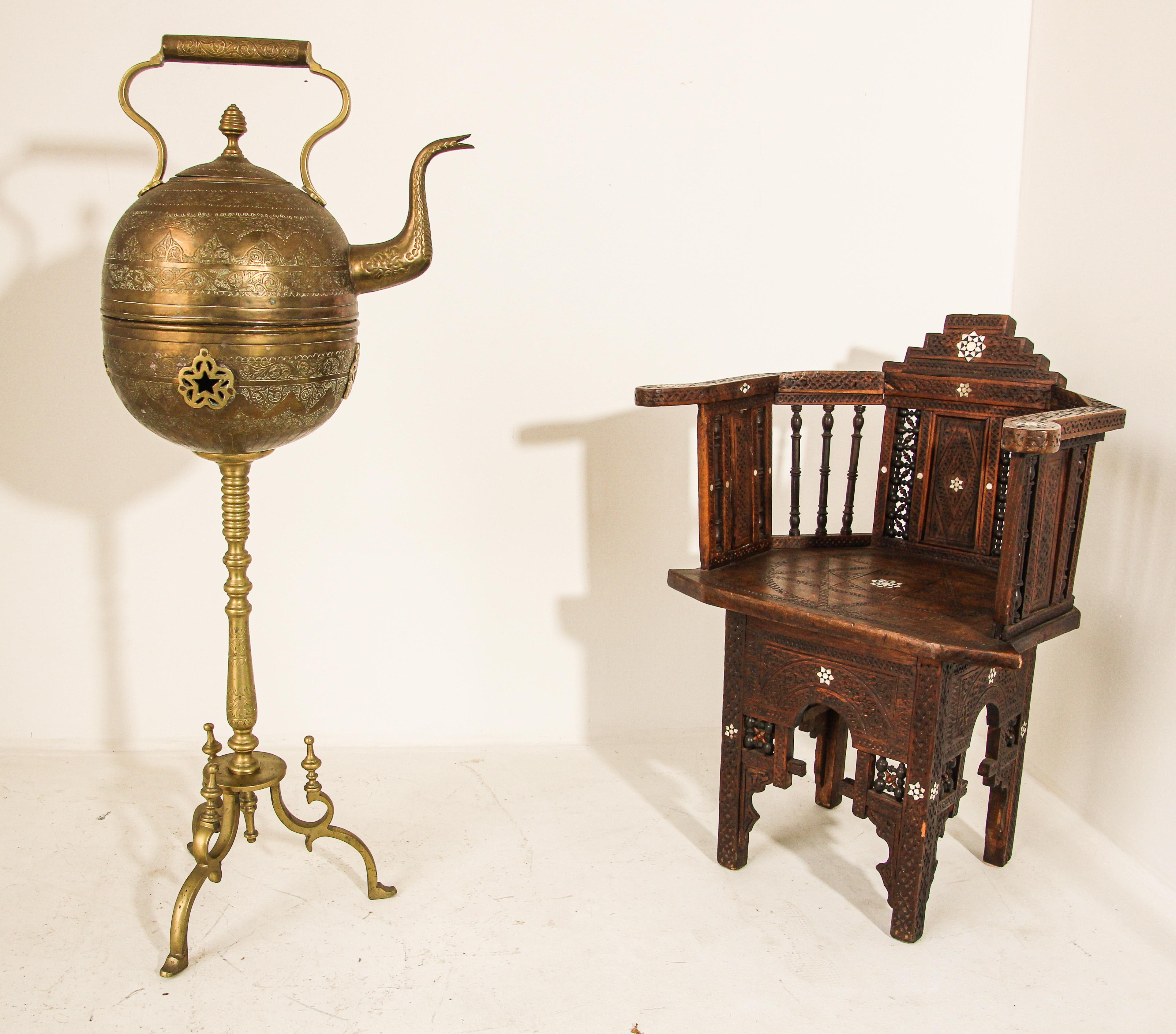 Antique Moroccan Brass Tea Kettle Pot on Stand For Sale at 1stDibs