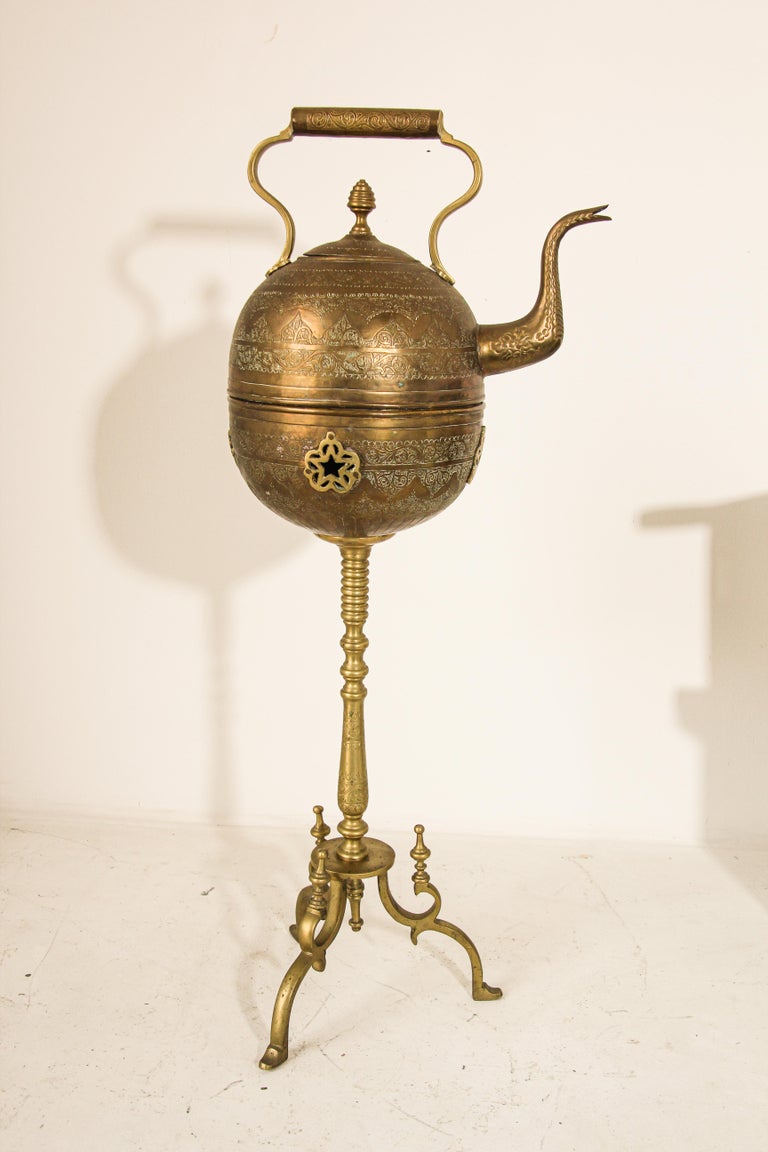 Antique Engraved Victorian Brass Hot Water Tea Kettle