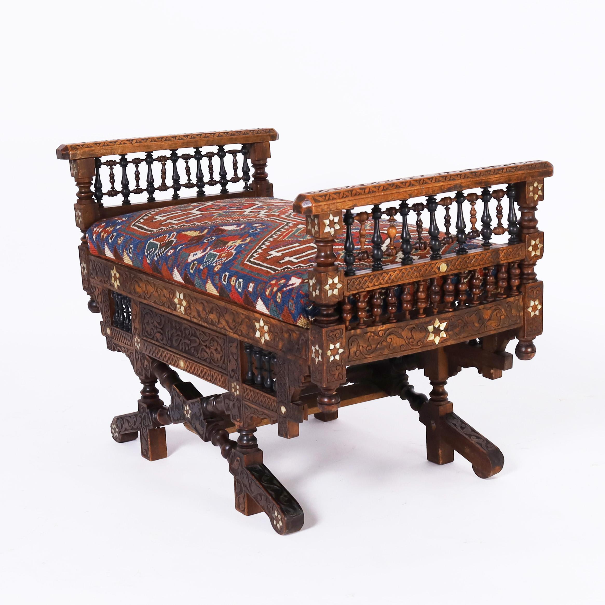 Moorish Antique Moroccan Carved and Inlaid Bench
