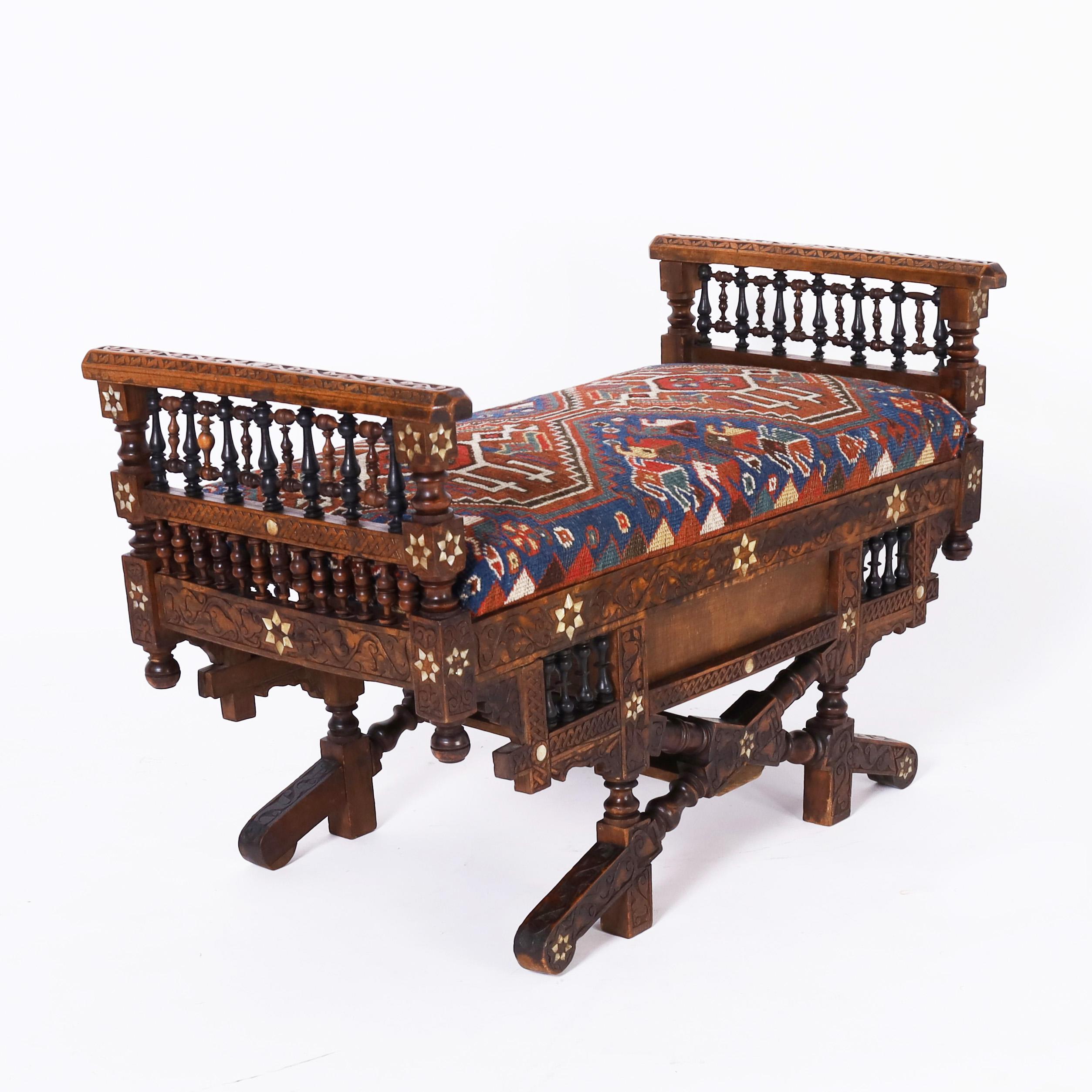 Hand-Carved Antique Moroccan Carved and Inlaid Bench