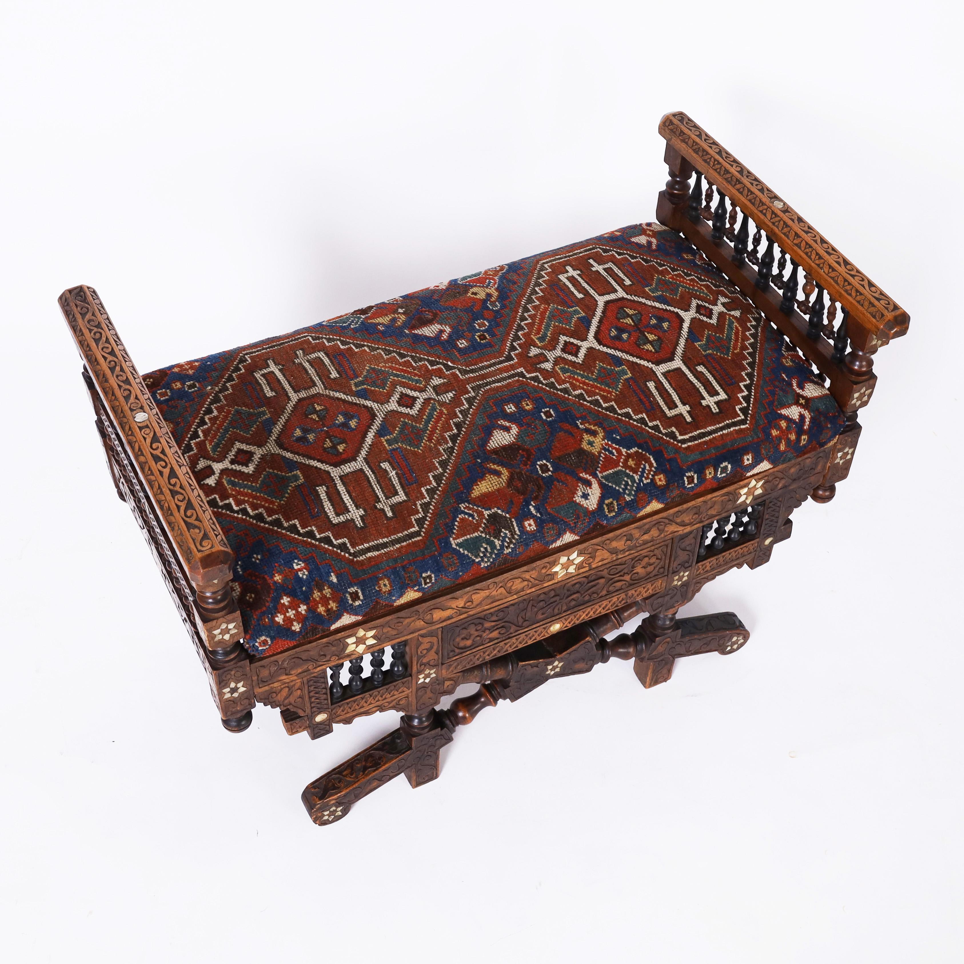 Antique Moroccan Carved and Inlaid Bench In Good Condition In Palm Beach, FL