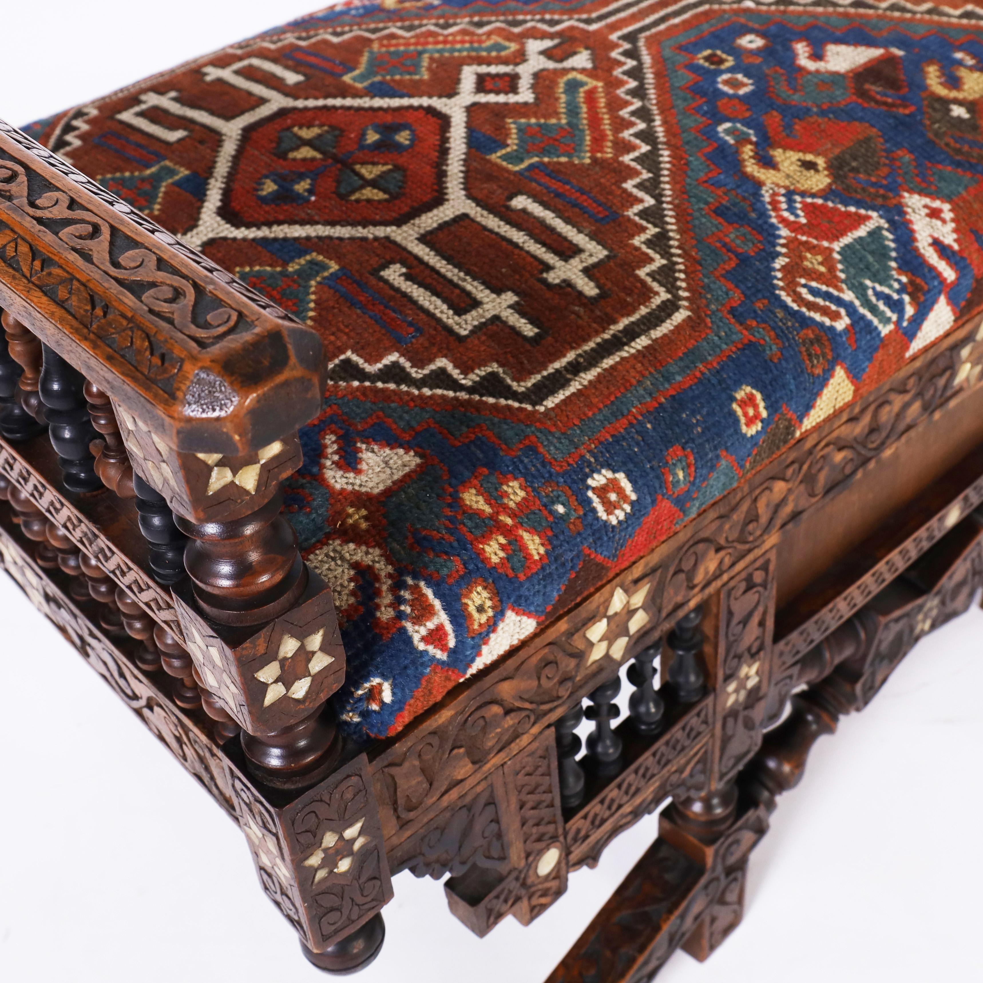 20th Century Antique Moroccan Carved and Inlaid Bench
