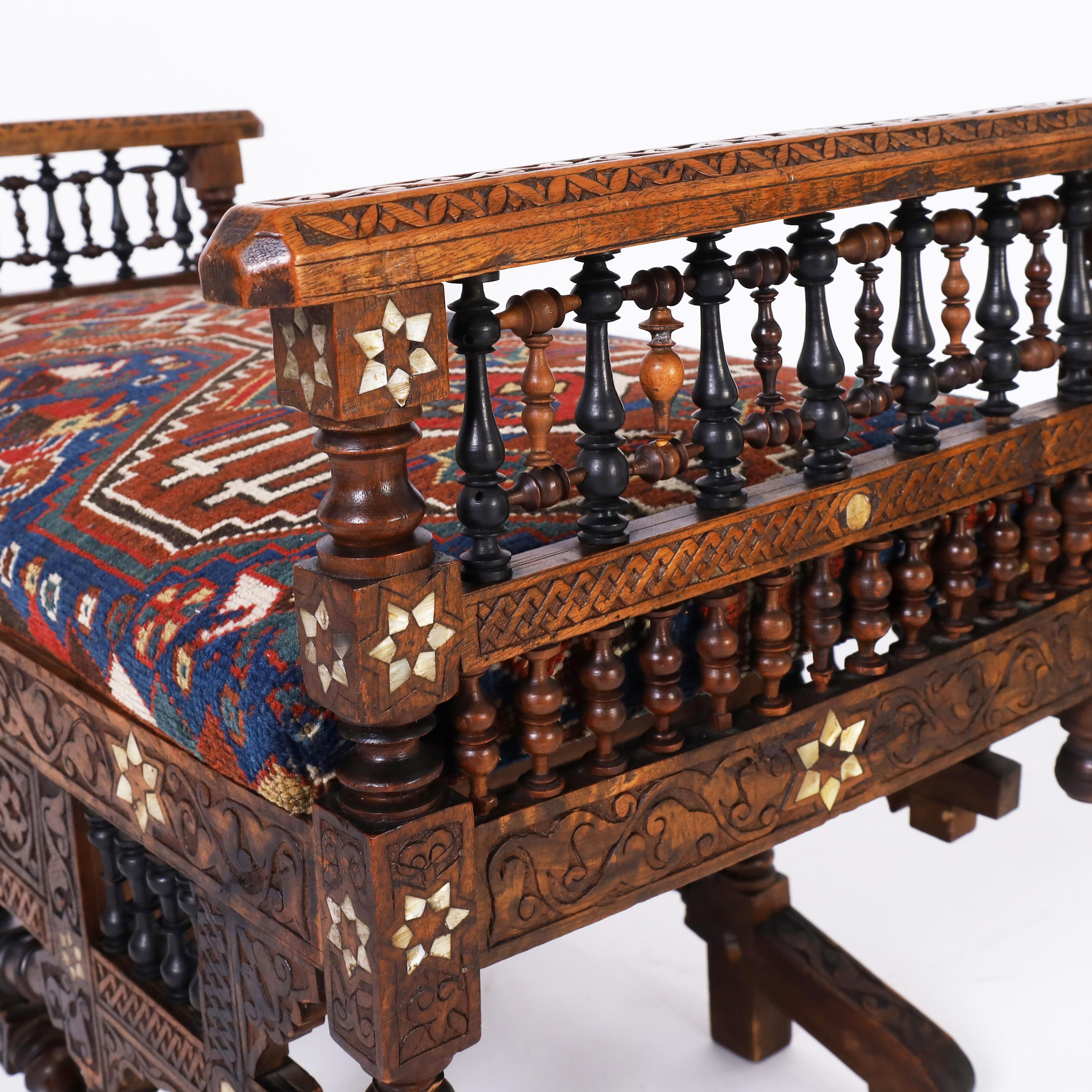 Mother-of-Pearl Antique Moroccan Carved and Inlaid Bench
